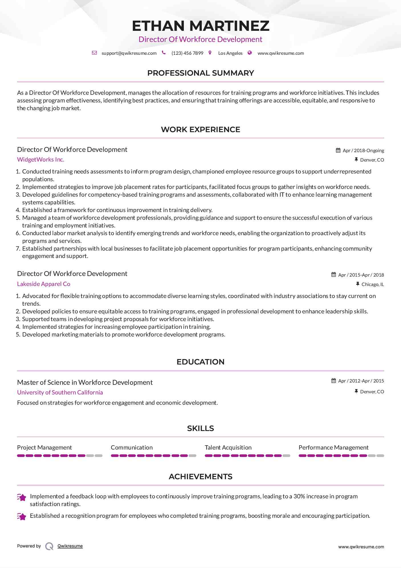 Director Of Workforce Development Resume Example