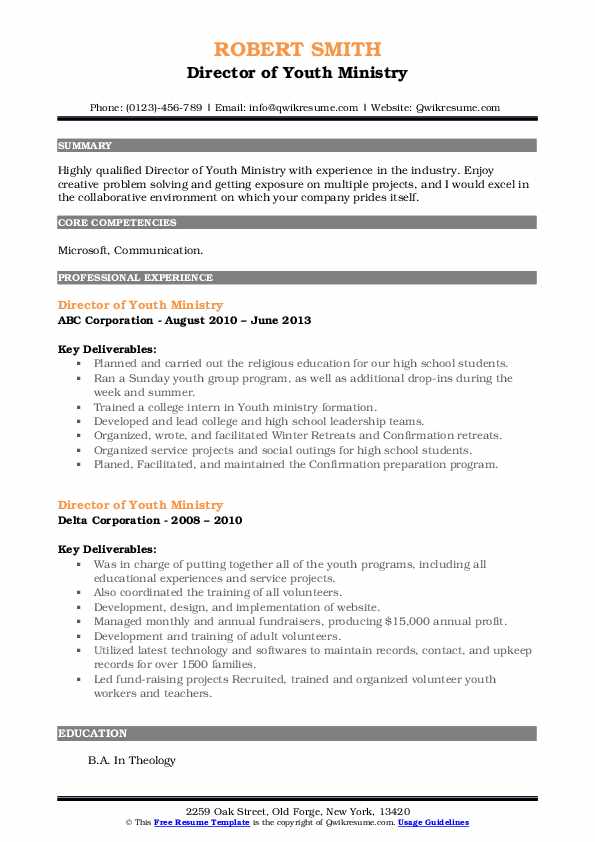 Director of Youth Ministry Resume Samples QwikResume