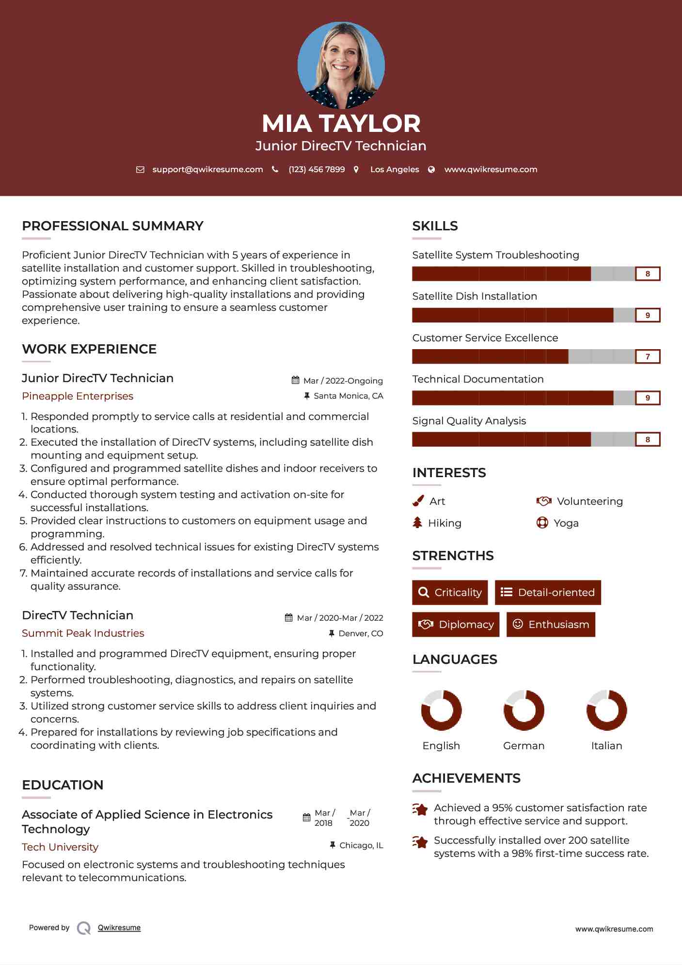 Junior DirecTV Technician Resume Model