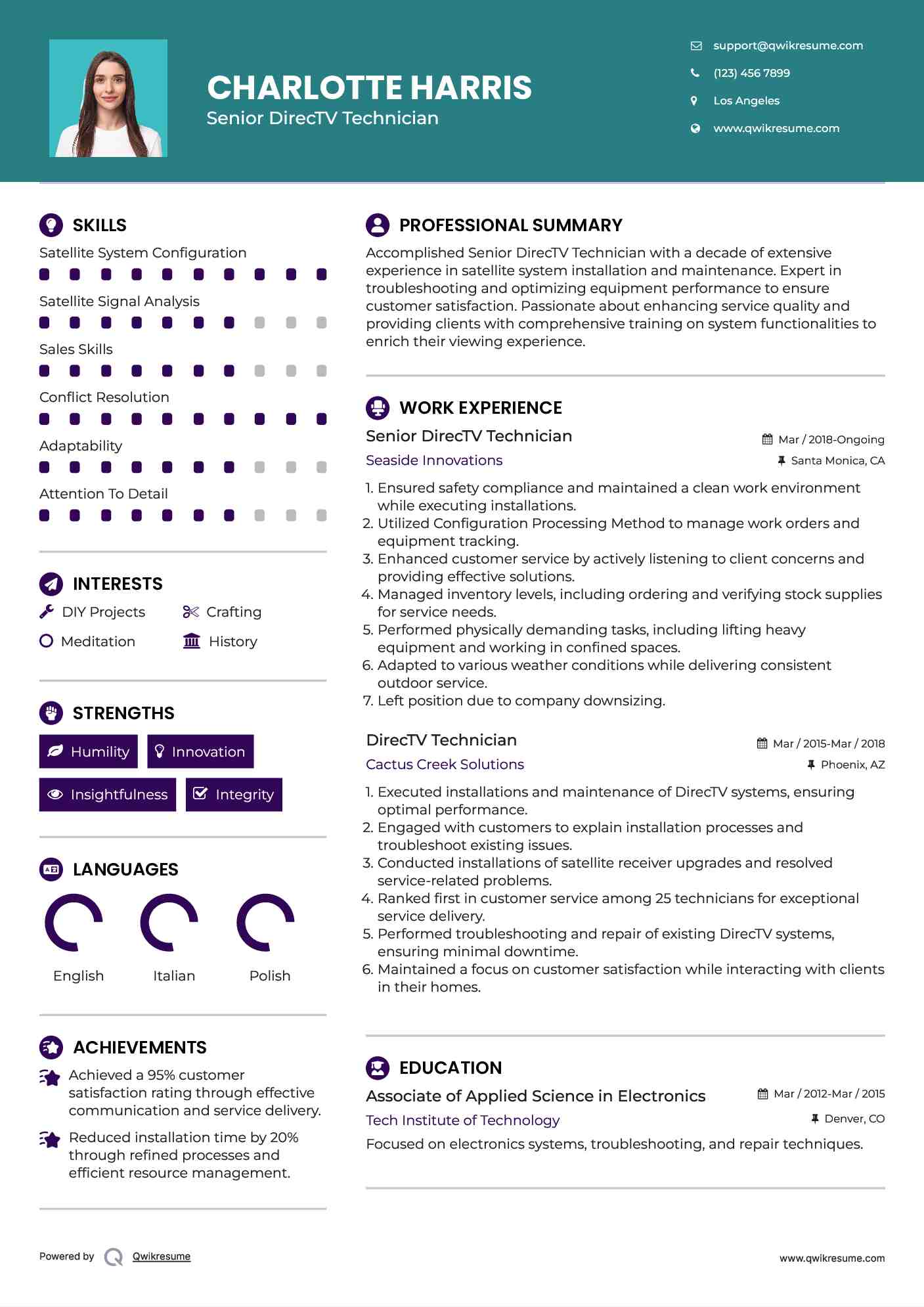 Senior DirecTV Technician Resume Sample