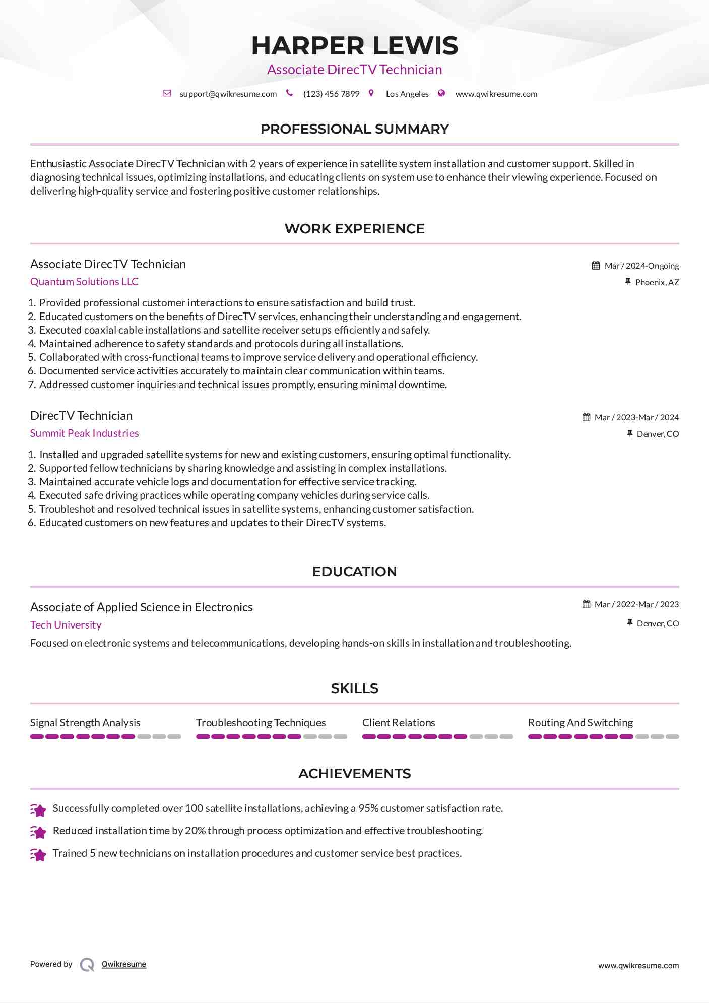 Associate DirecTV Technician Resume Model