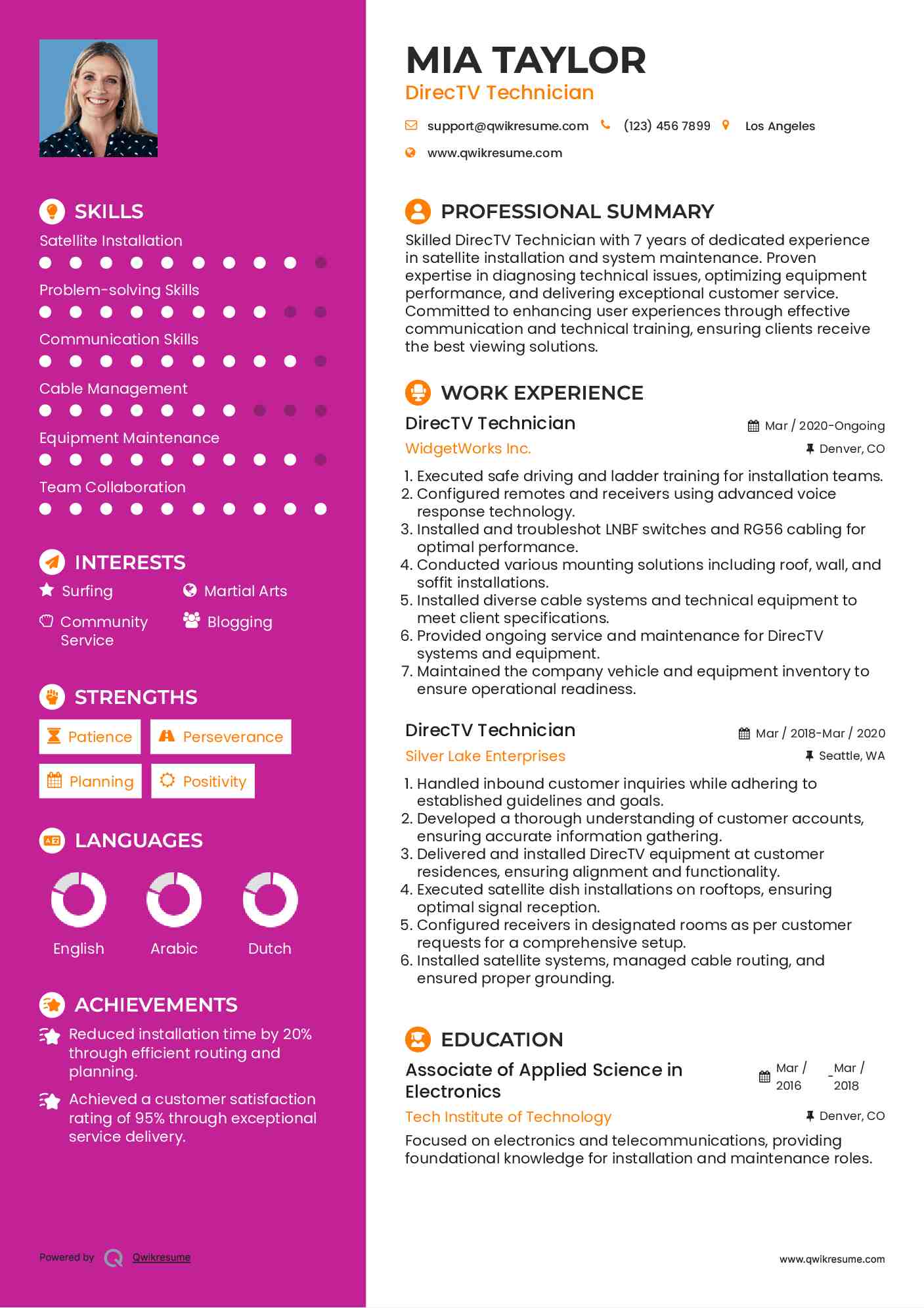 DirecTV Technician Resume Sample