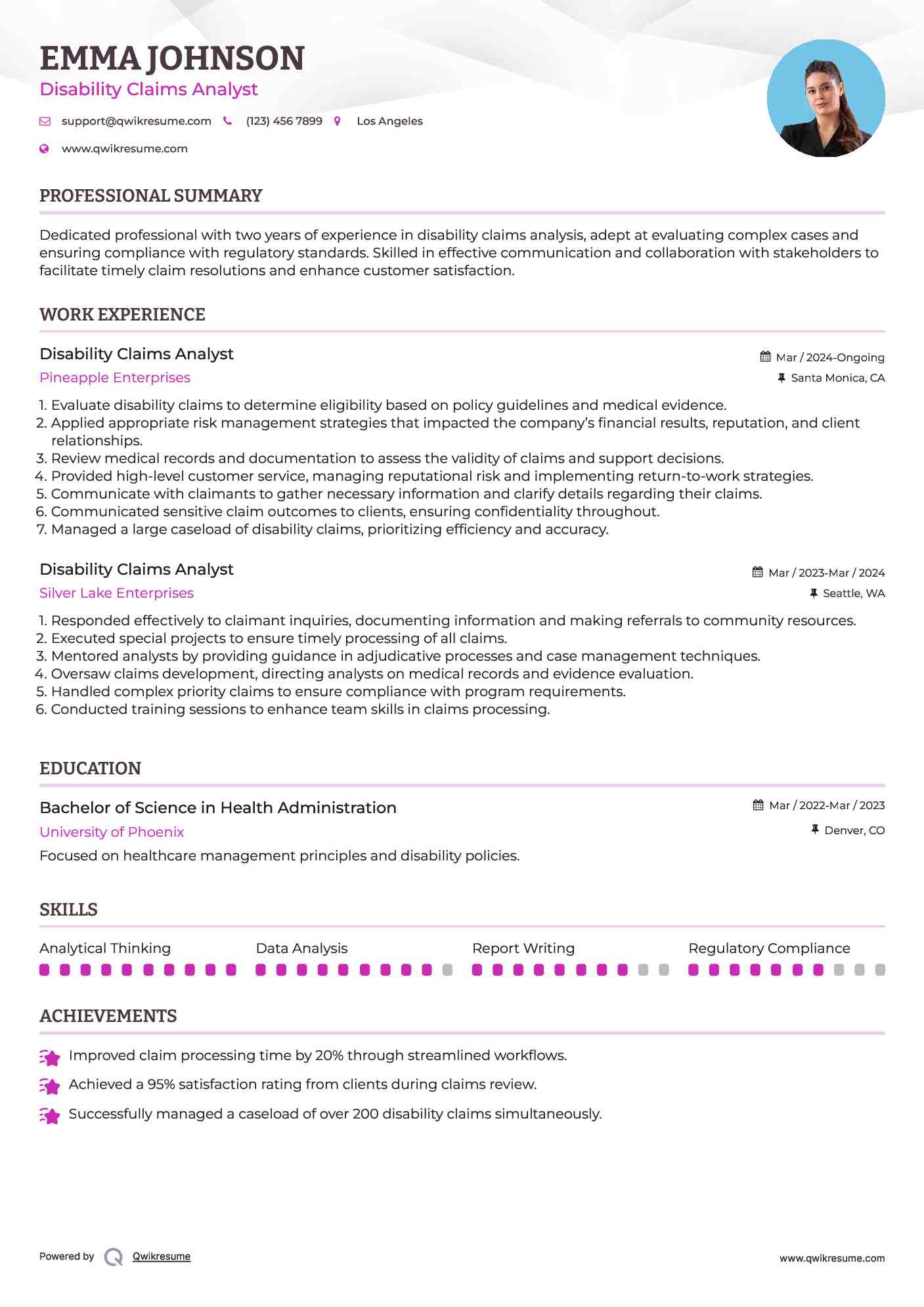 Disability Claims Analyst Resume Example