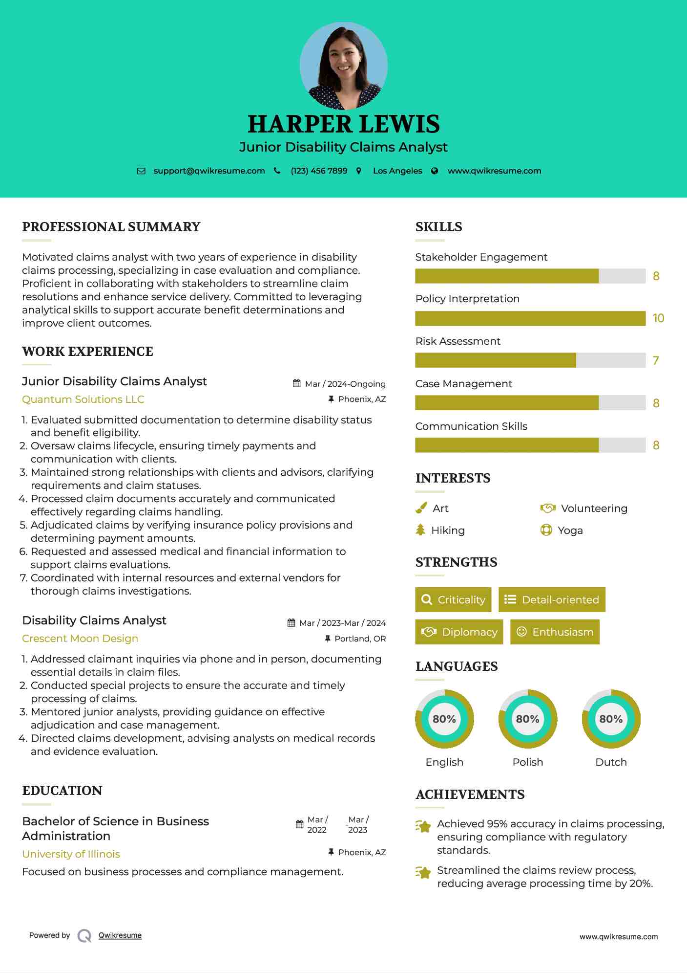 Junior Disability Claims Analyst Resume Sample