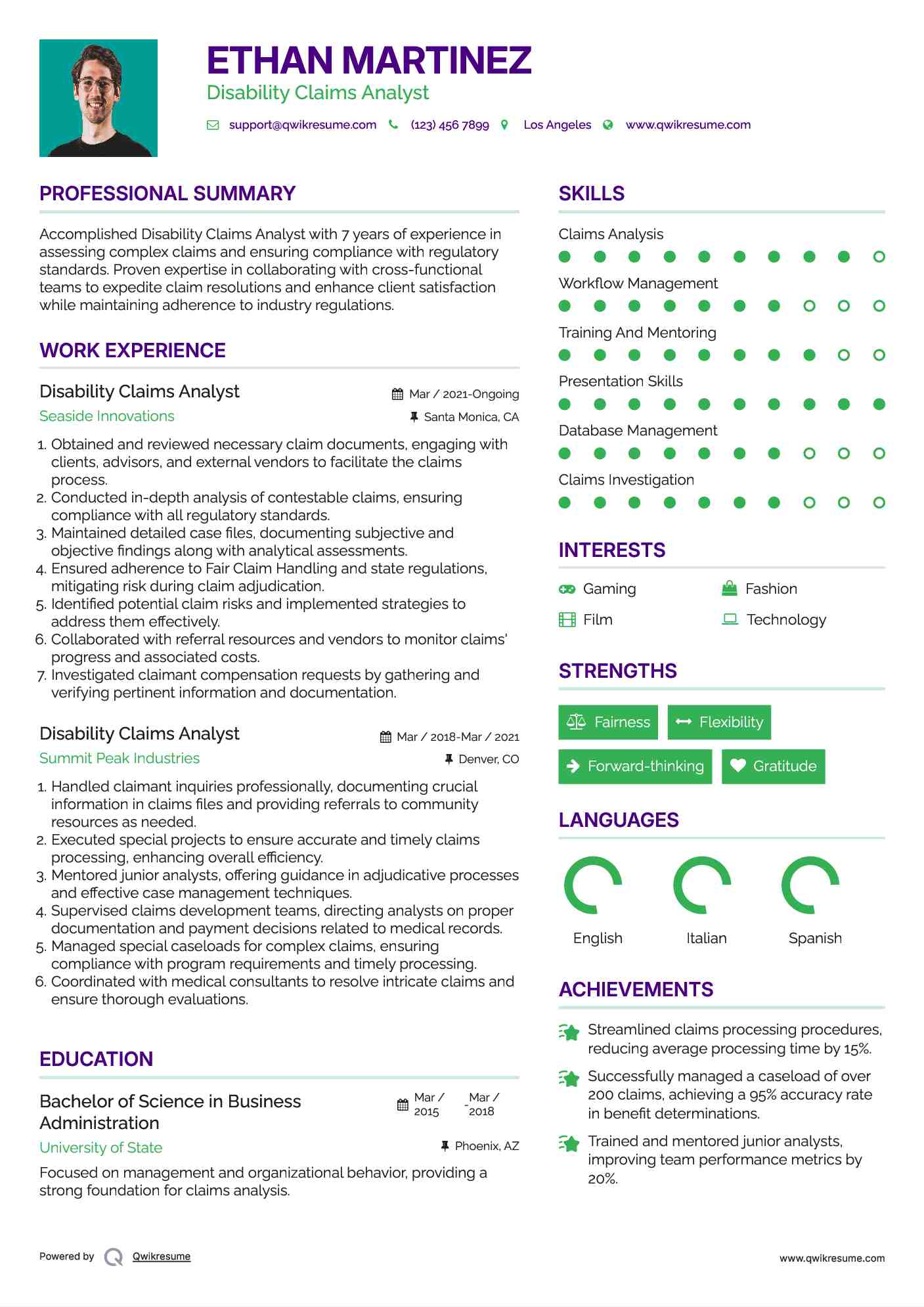 Disability Claims Analyst Resume Sample
