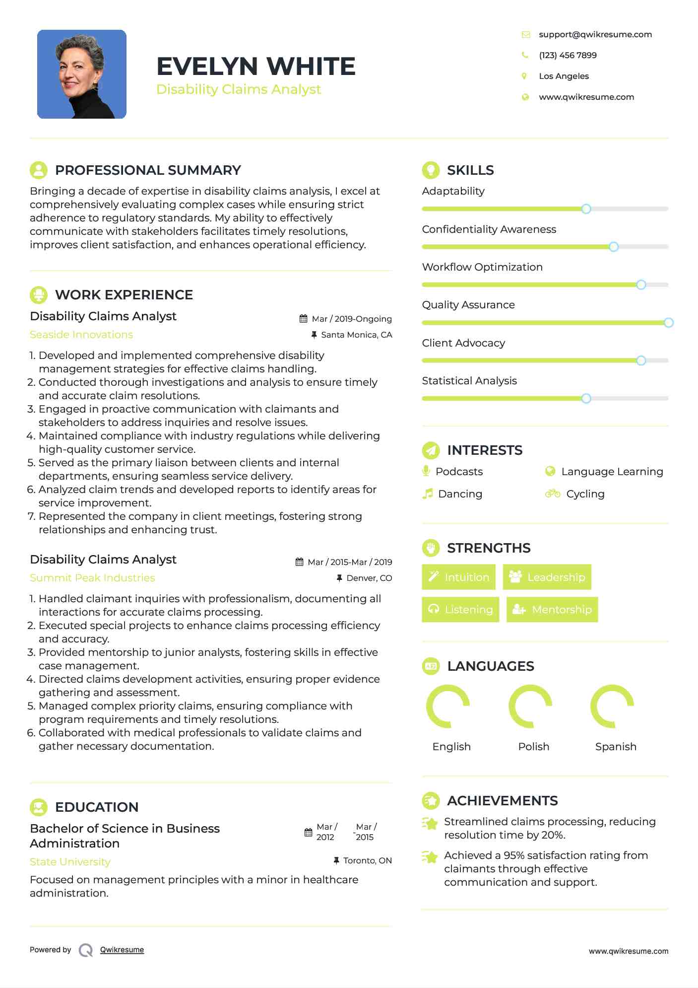 Disability Claims Analyst Resume Sample