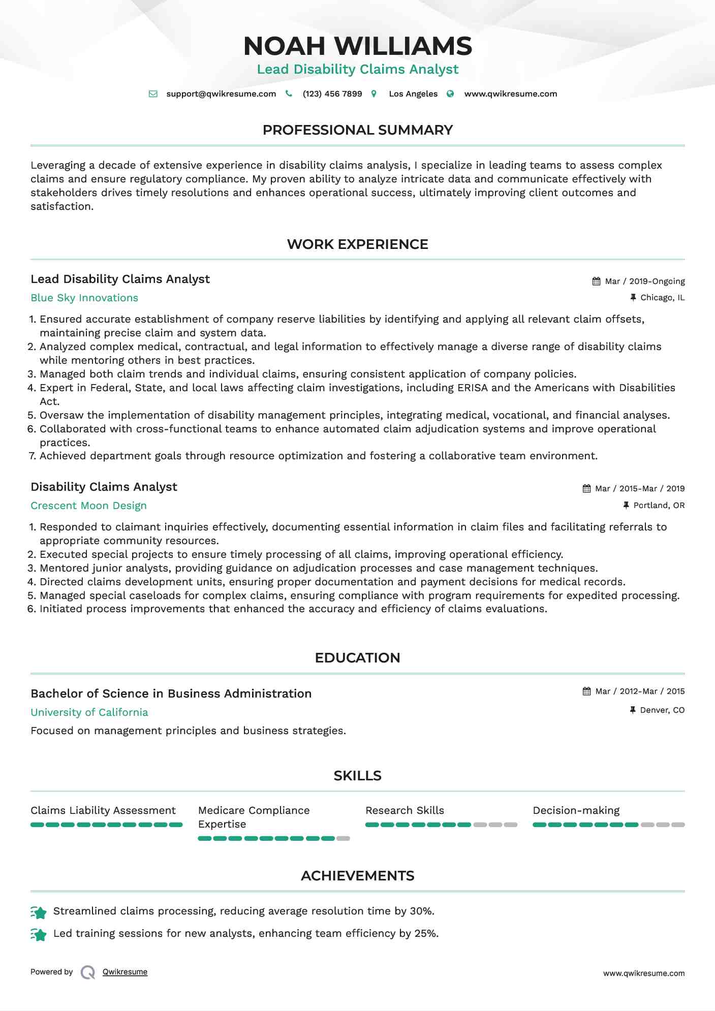 Lead Disability Claims Analyst Resume Model