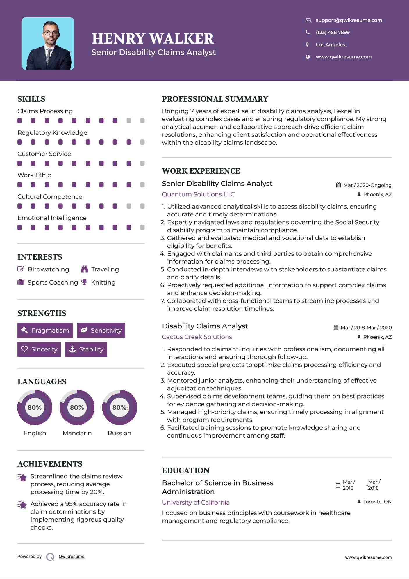 Senior Disability Claims Analyst Resume Example