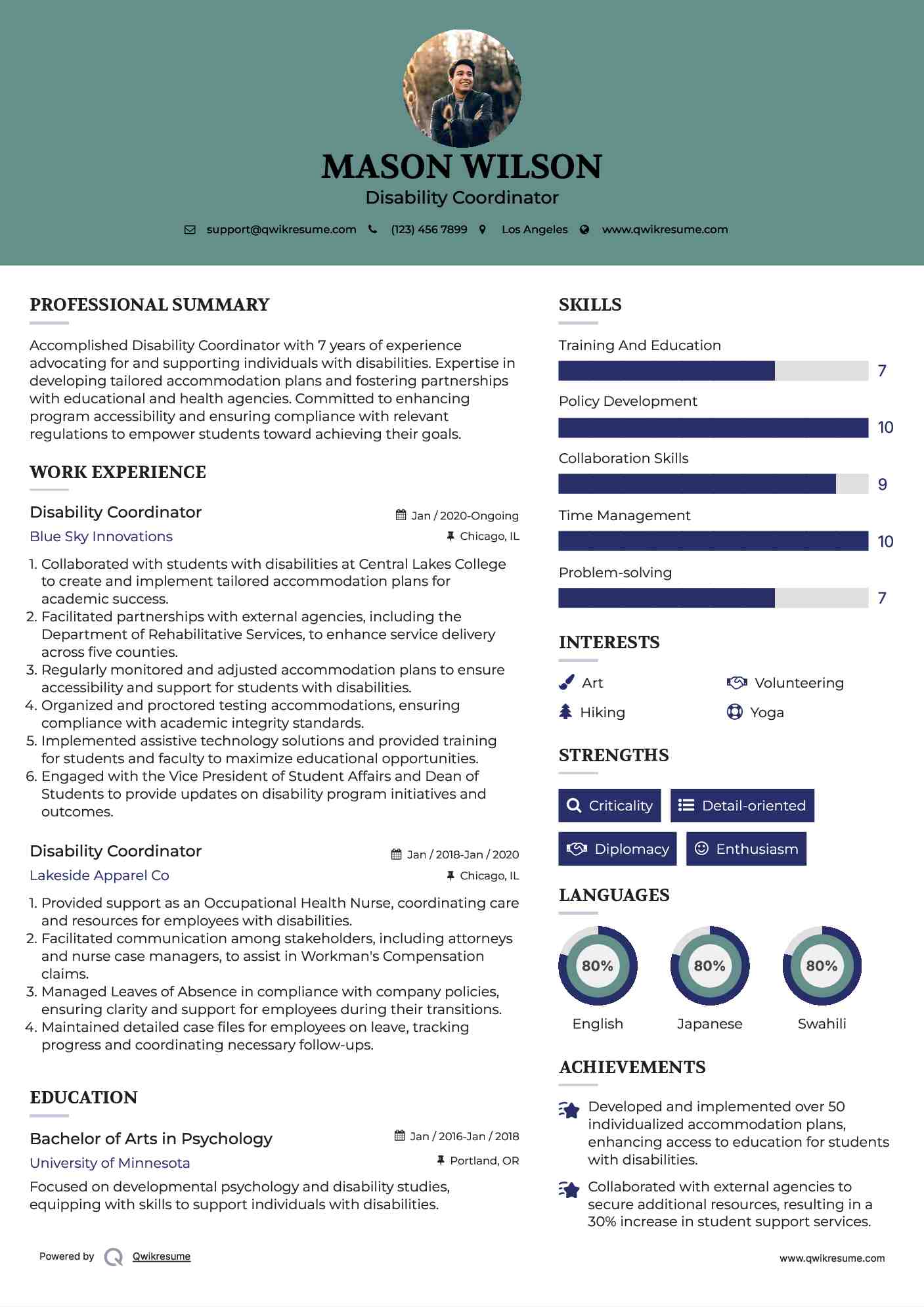 Disability Coordinator Resume Example