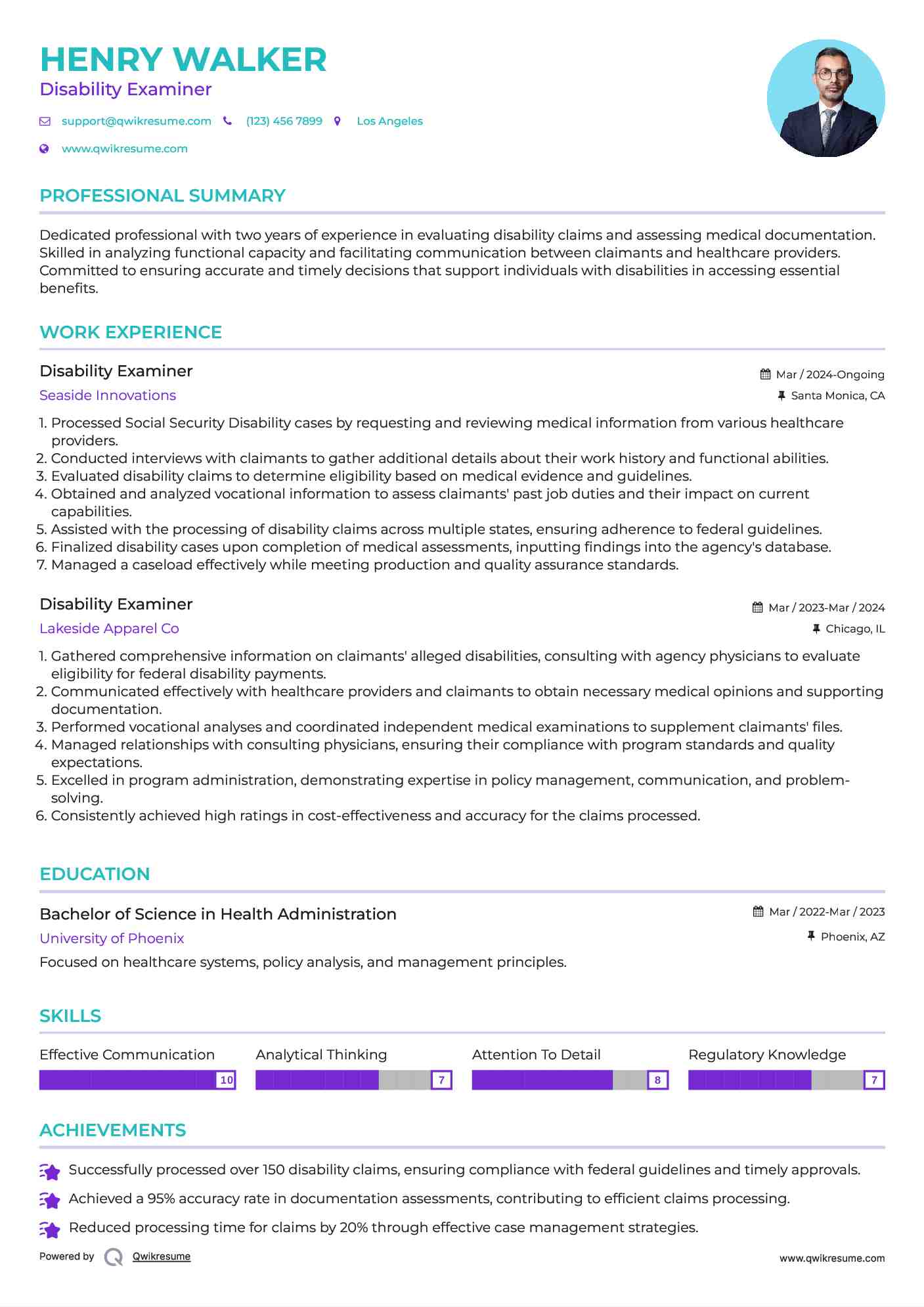 Disability Examiner Resume Model