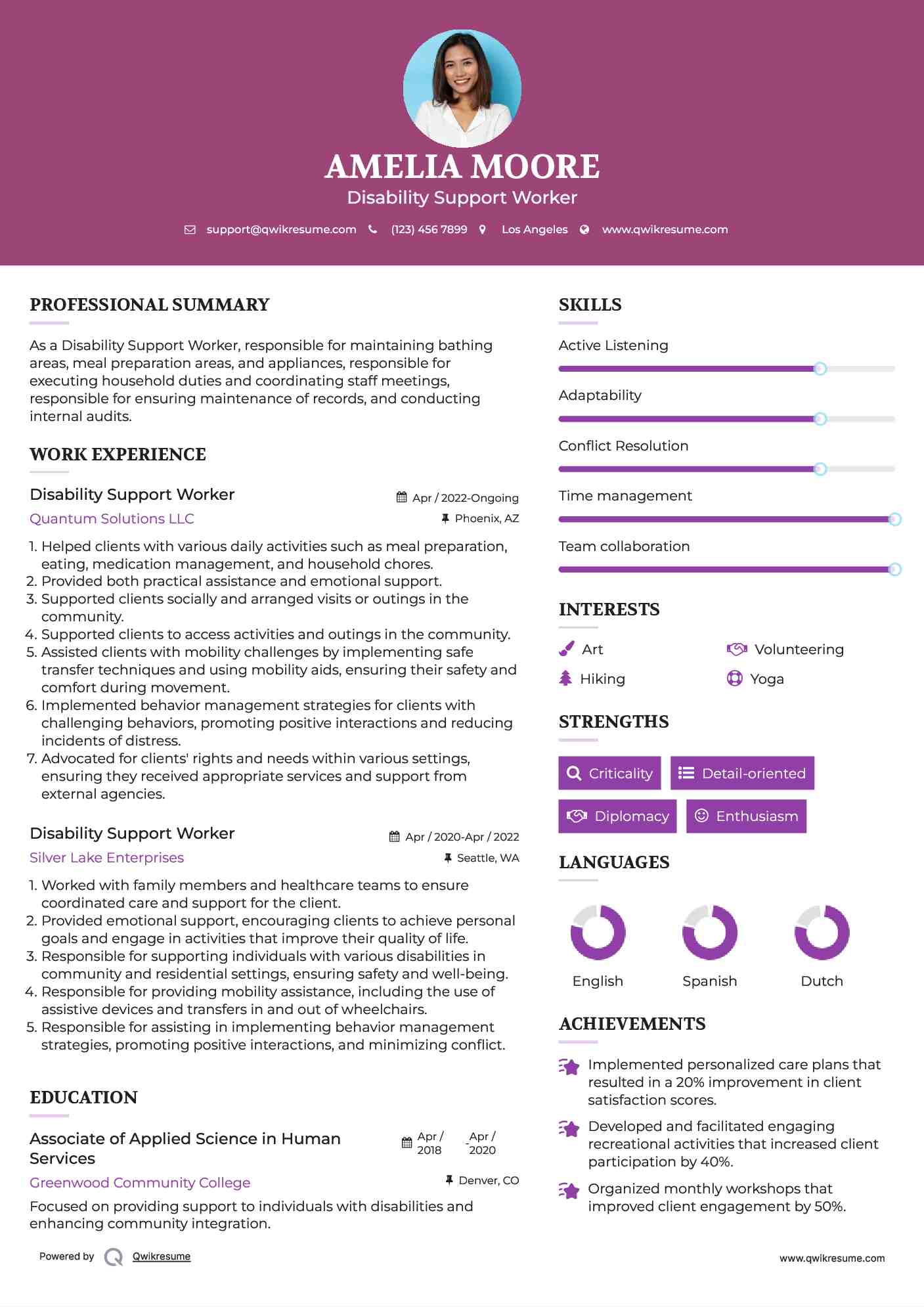 Disability Support Worker Resume Sample
