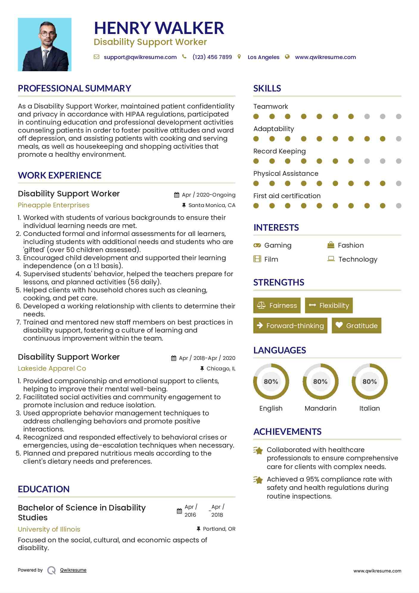 Disability Support Worker Resume Sample