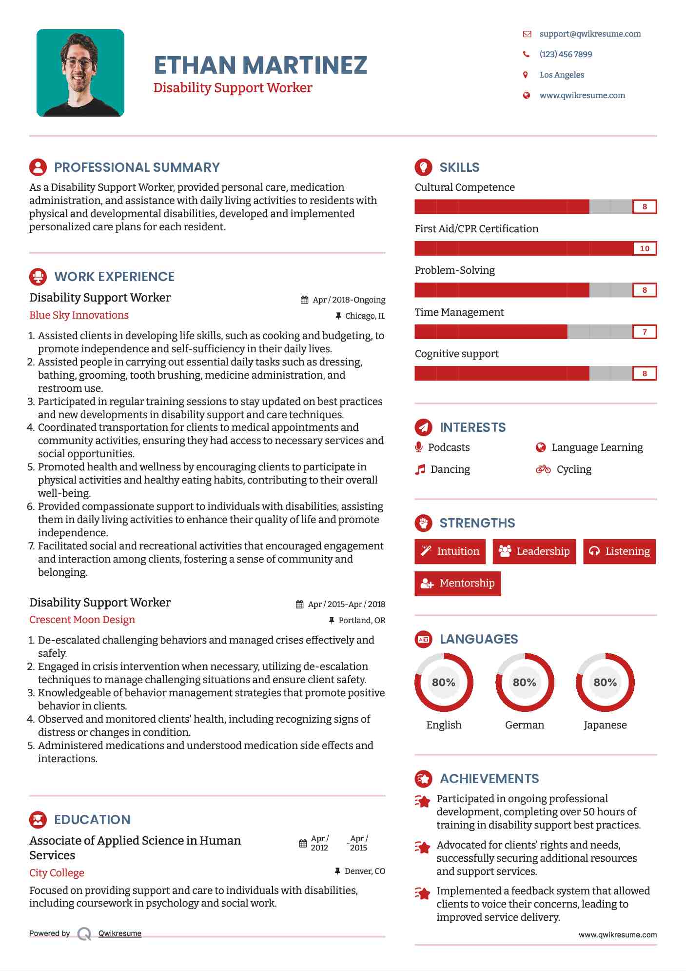 Disability Support Worker Resume Sample