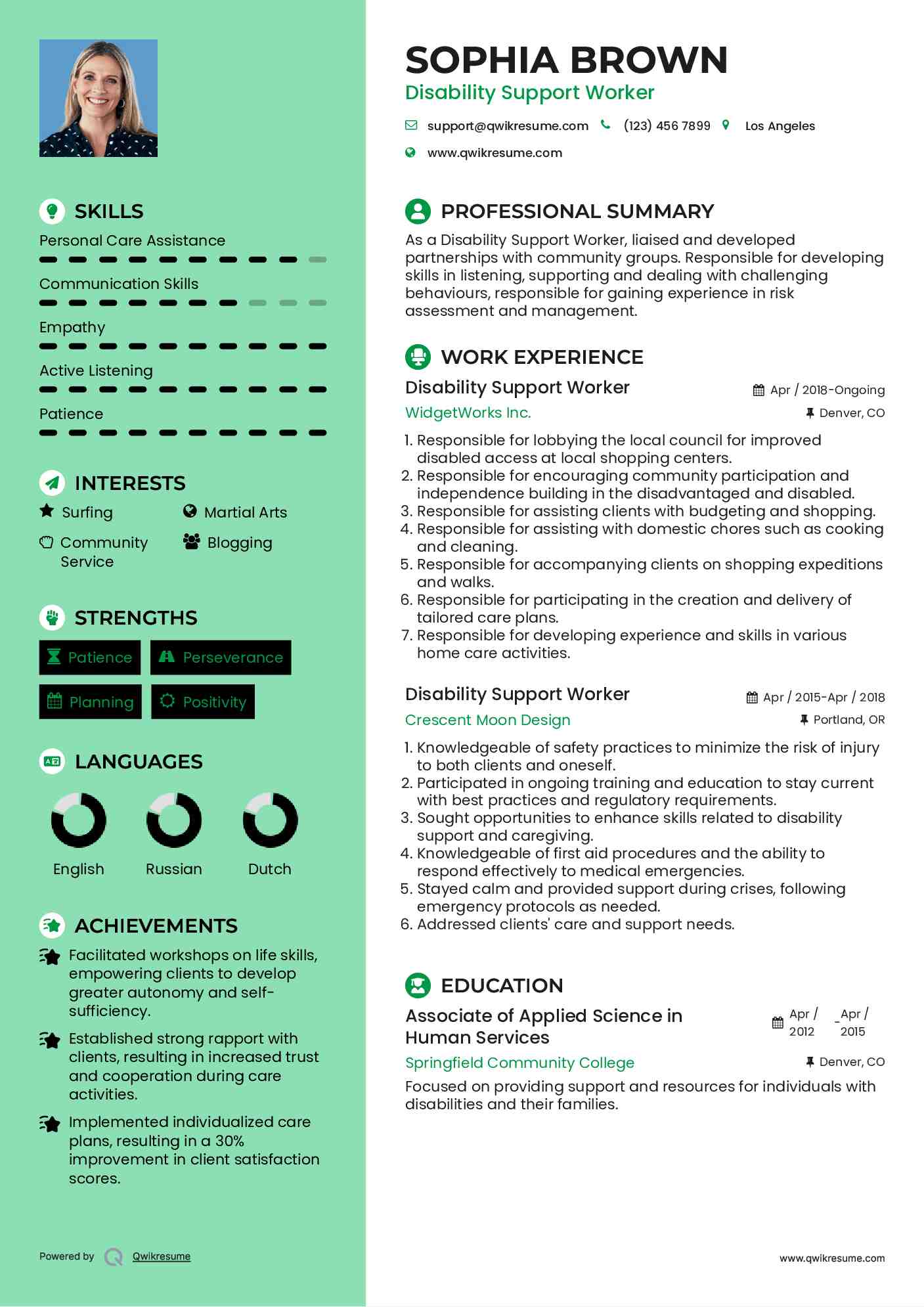 Disability Support Worker Resume Model