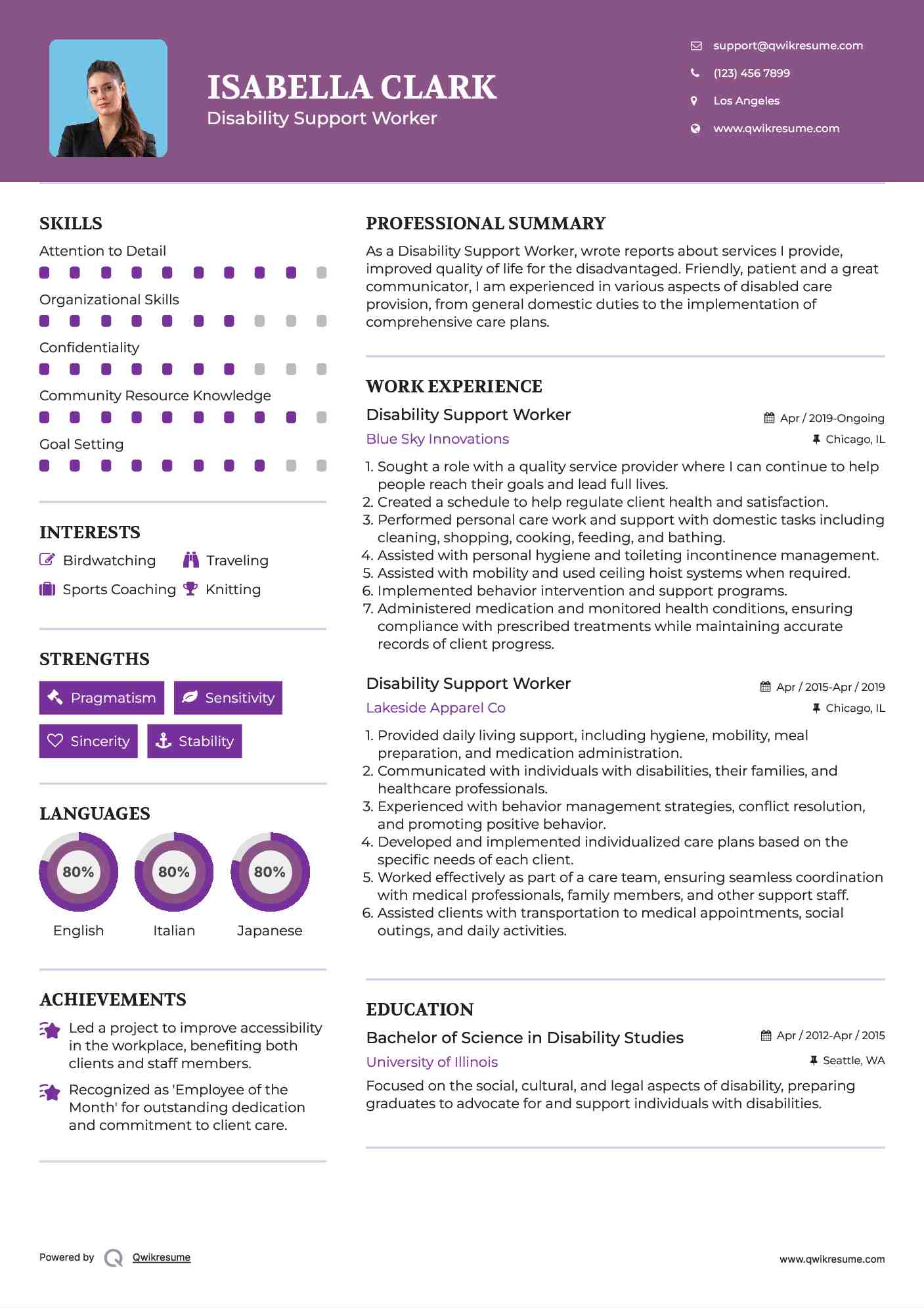 Disability Support Worker Resume Example