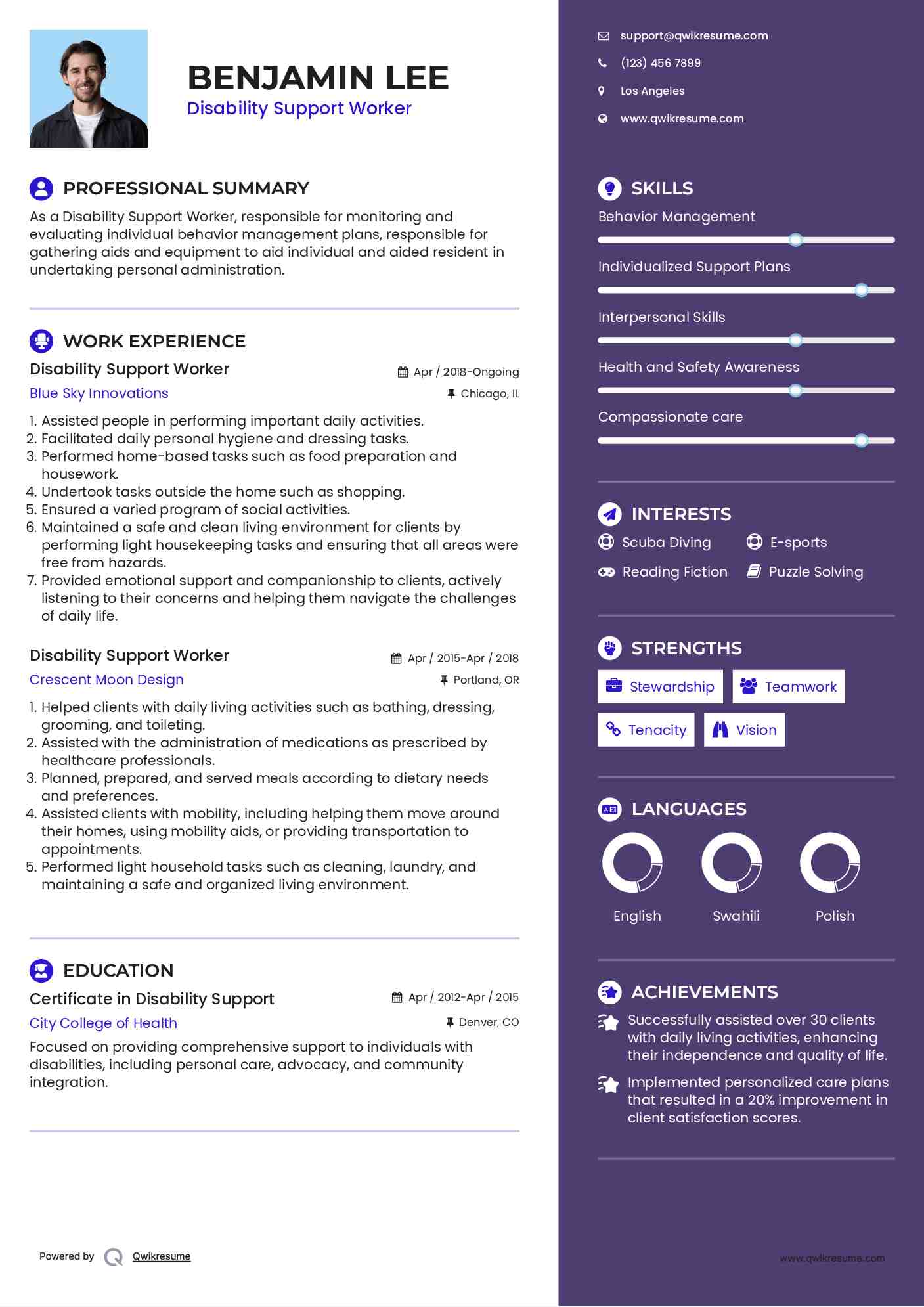 Disability Support Worker Resume Template