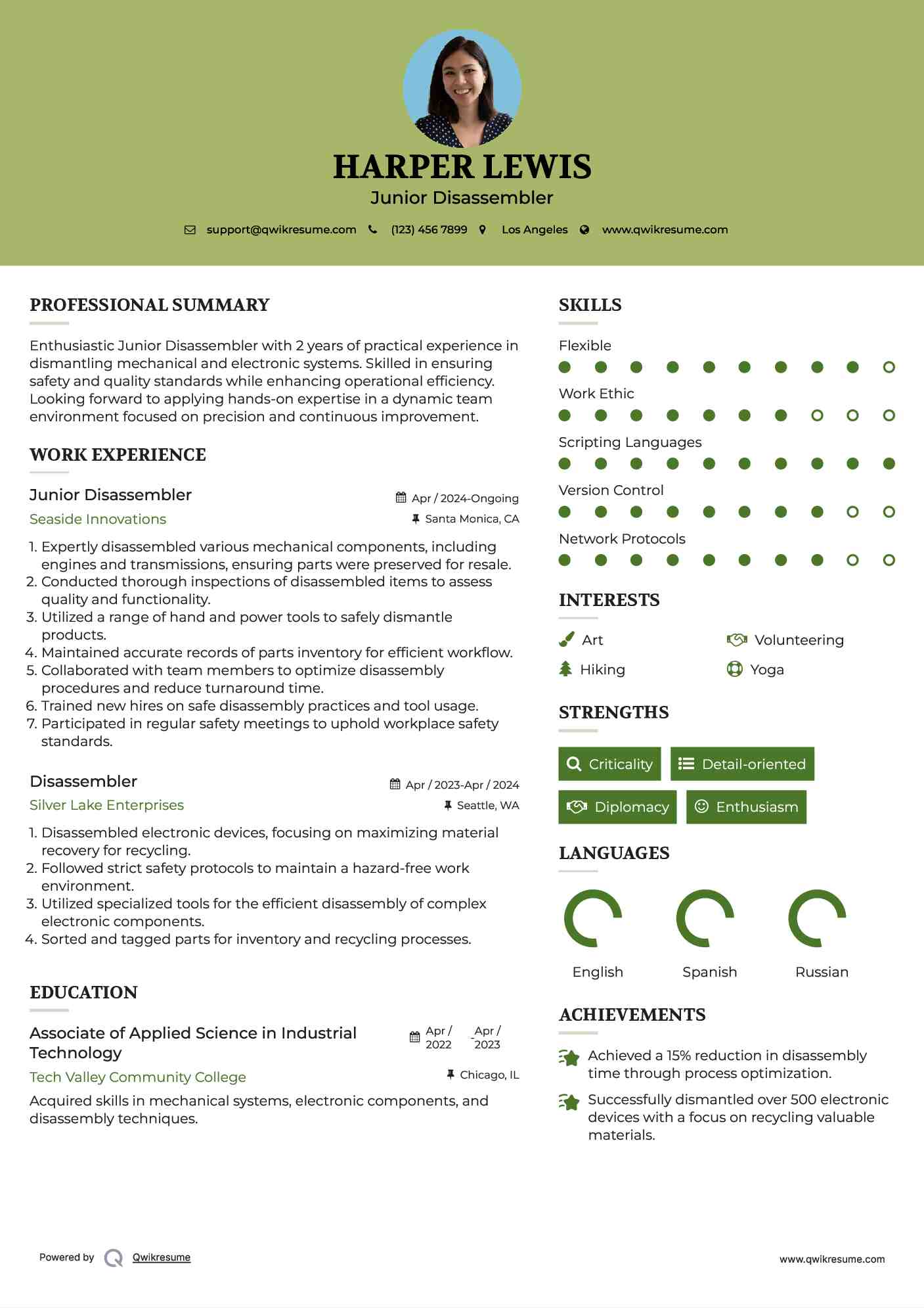 Junior Disassembler Resume Template
