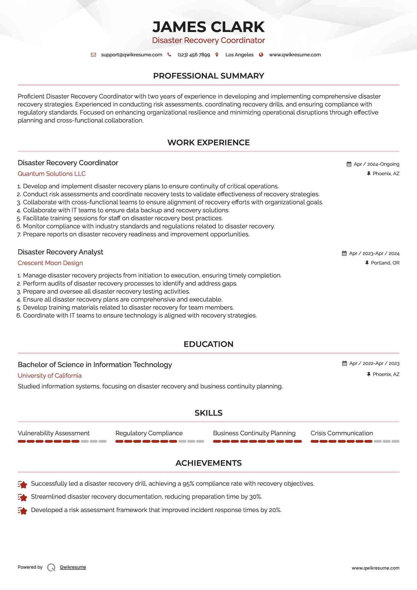 Disaster Recovery Coordinator Resume Format