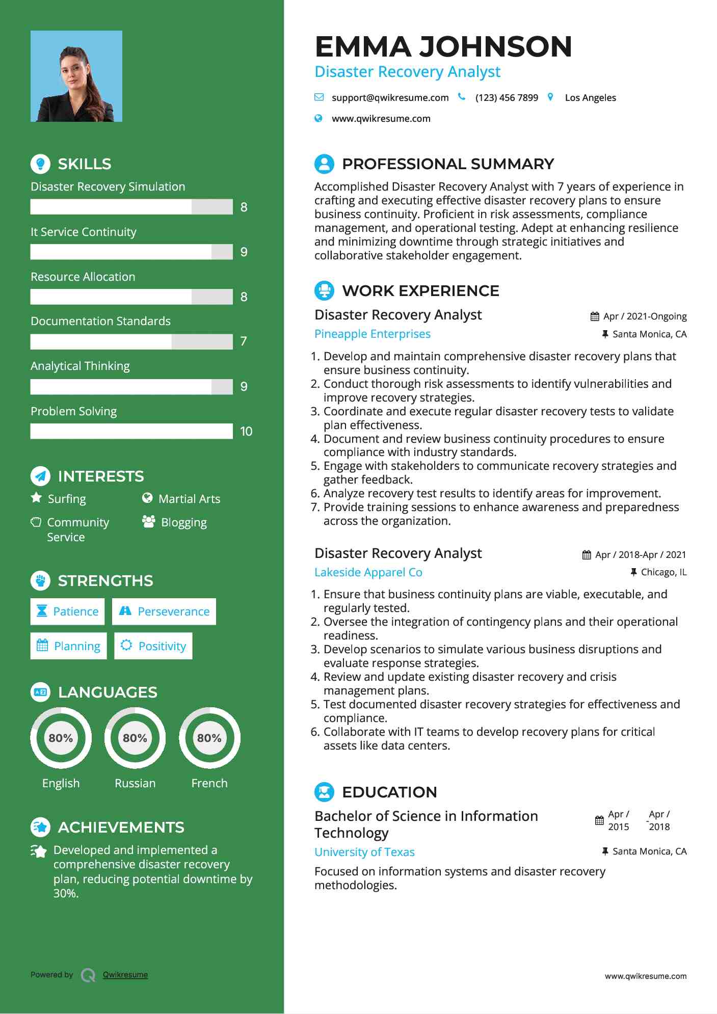 Disaster Recovery Analyst Resume Sample