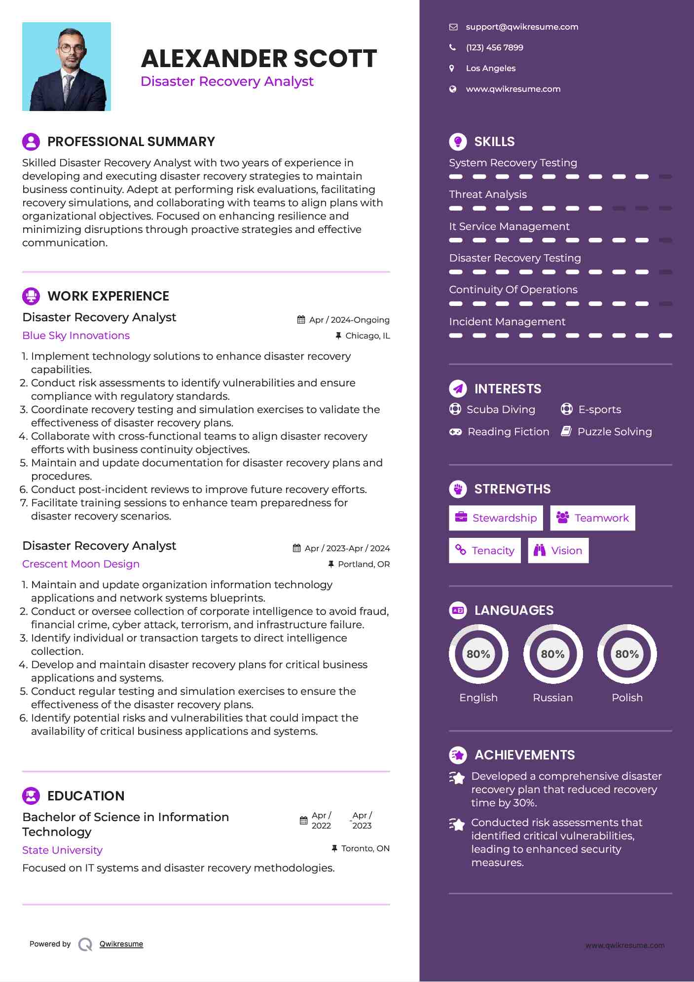 Disaster Recovery Analyst Resume Model