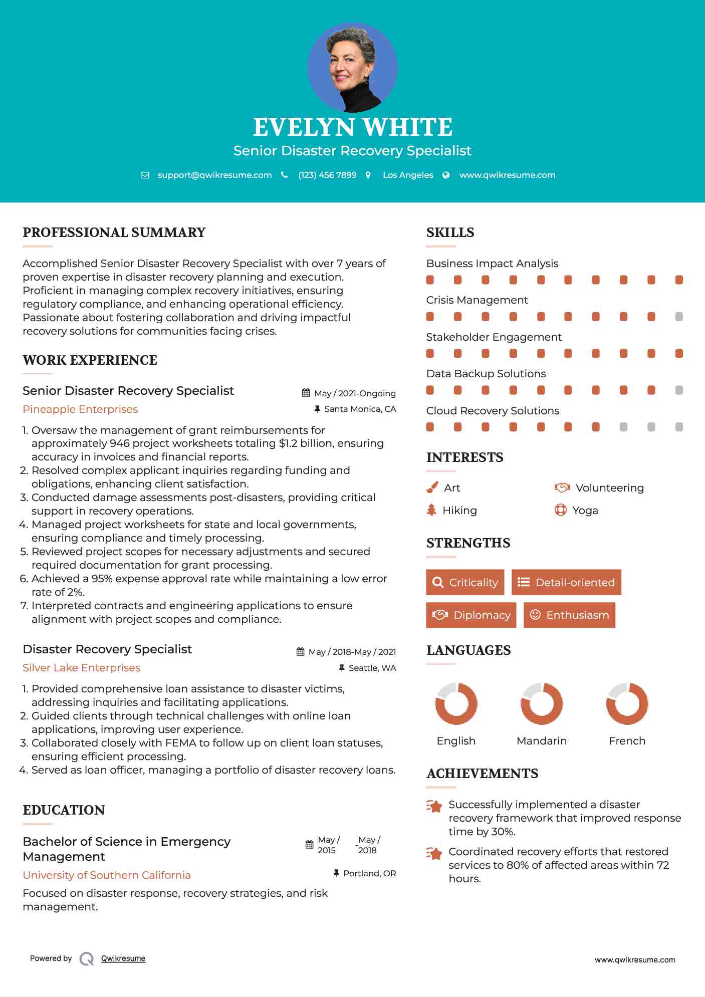 Senior Disaster Recovery Specialist Resume Model
