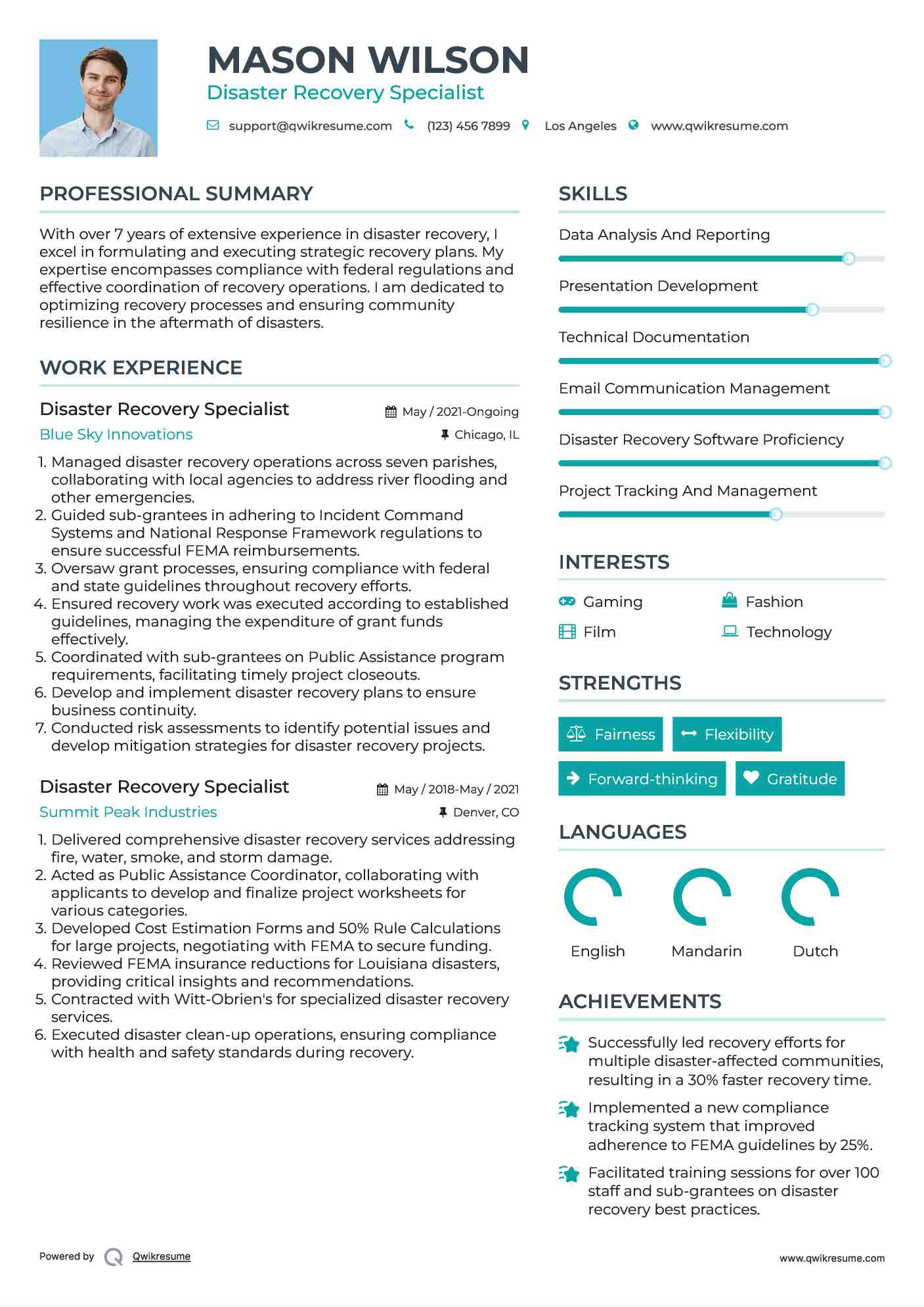 Disaster Recovery Specialist Resume Template