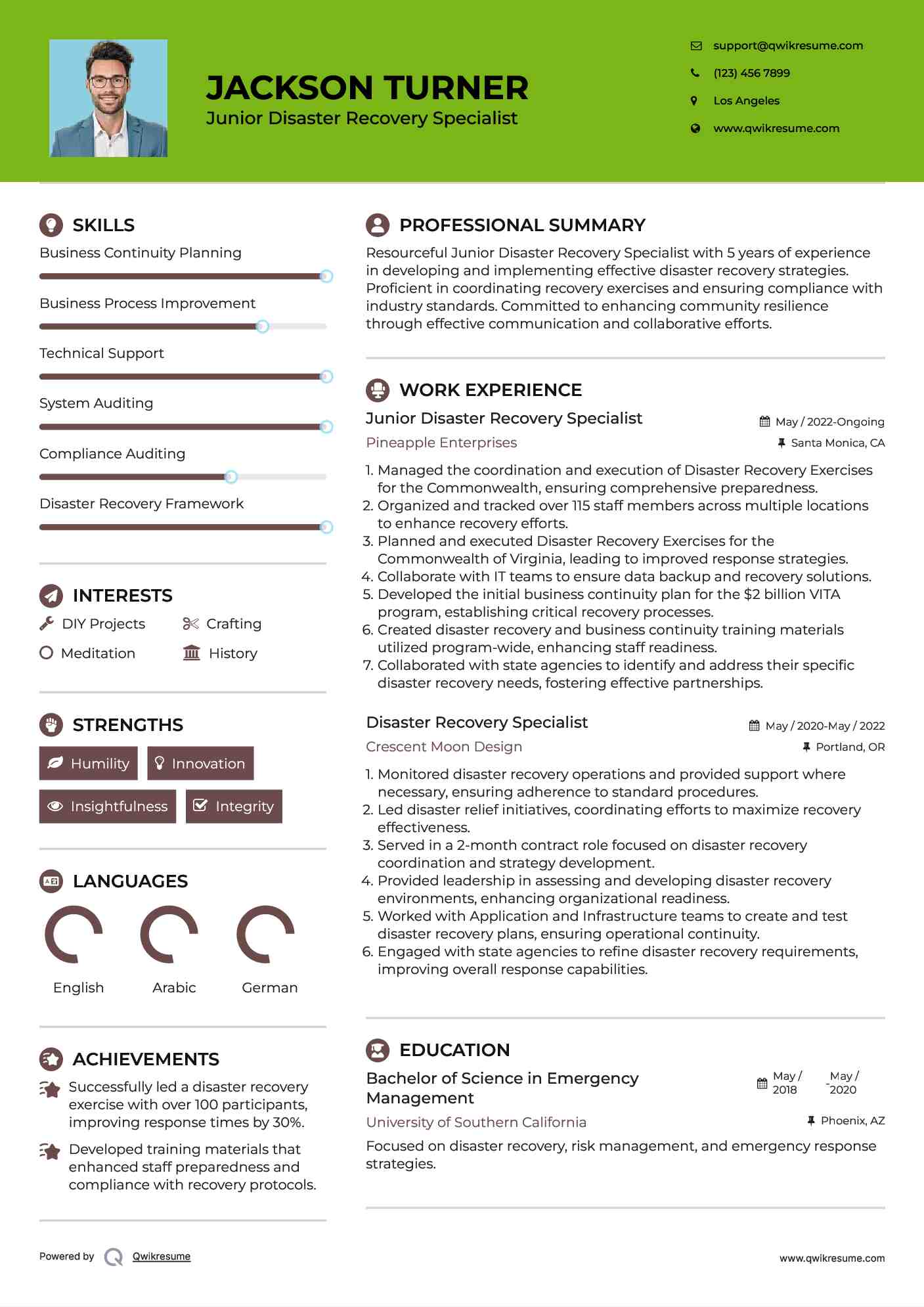 Junior Disaster Recovery Specialist Resume Example