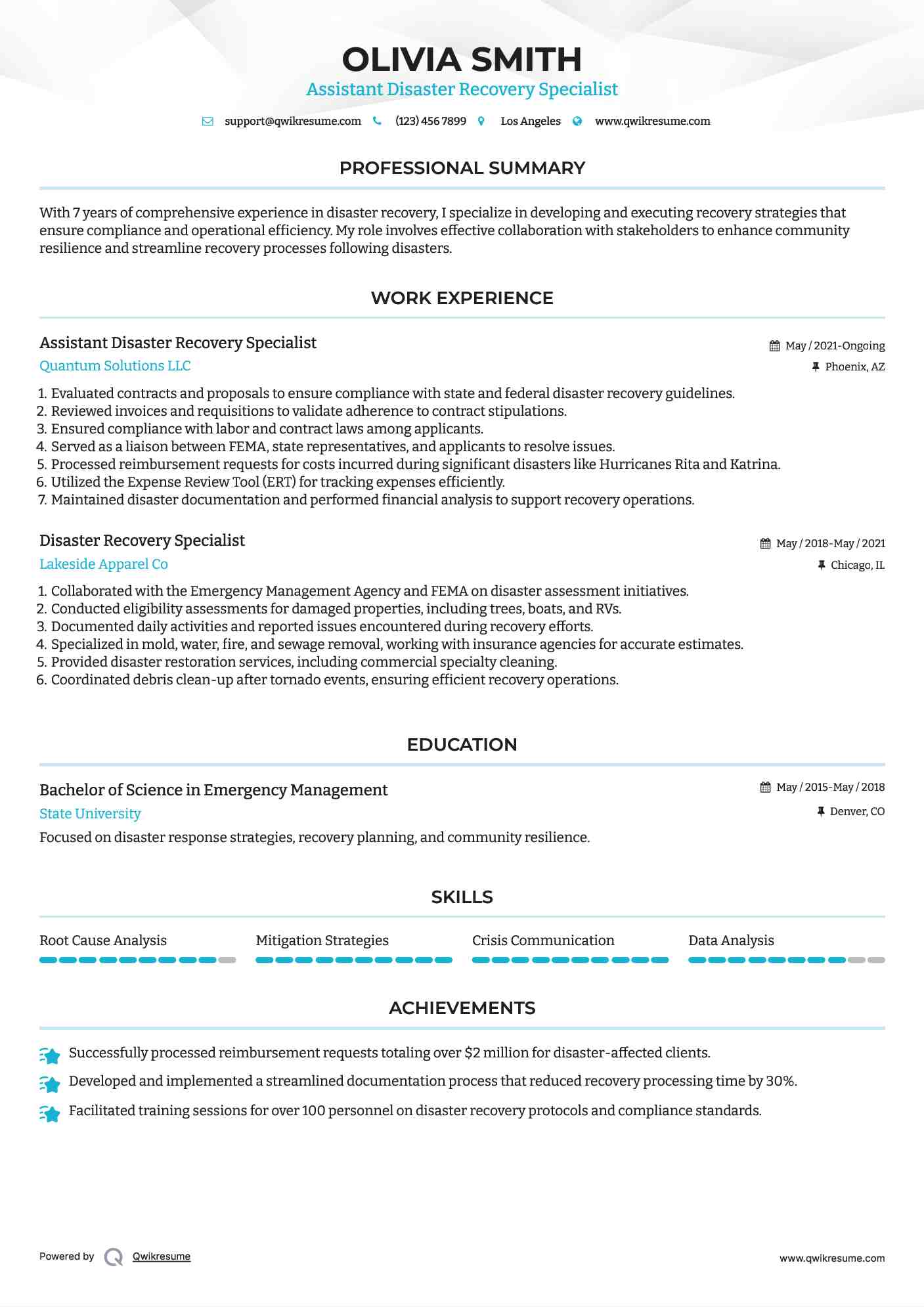 Assistant Disaster Recovery Specialist Resume Model