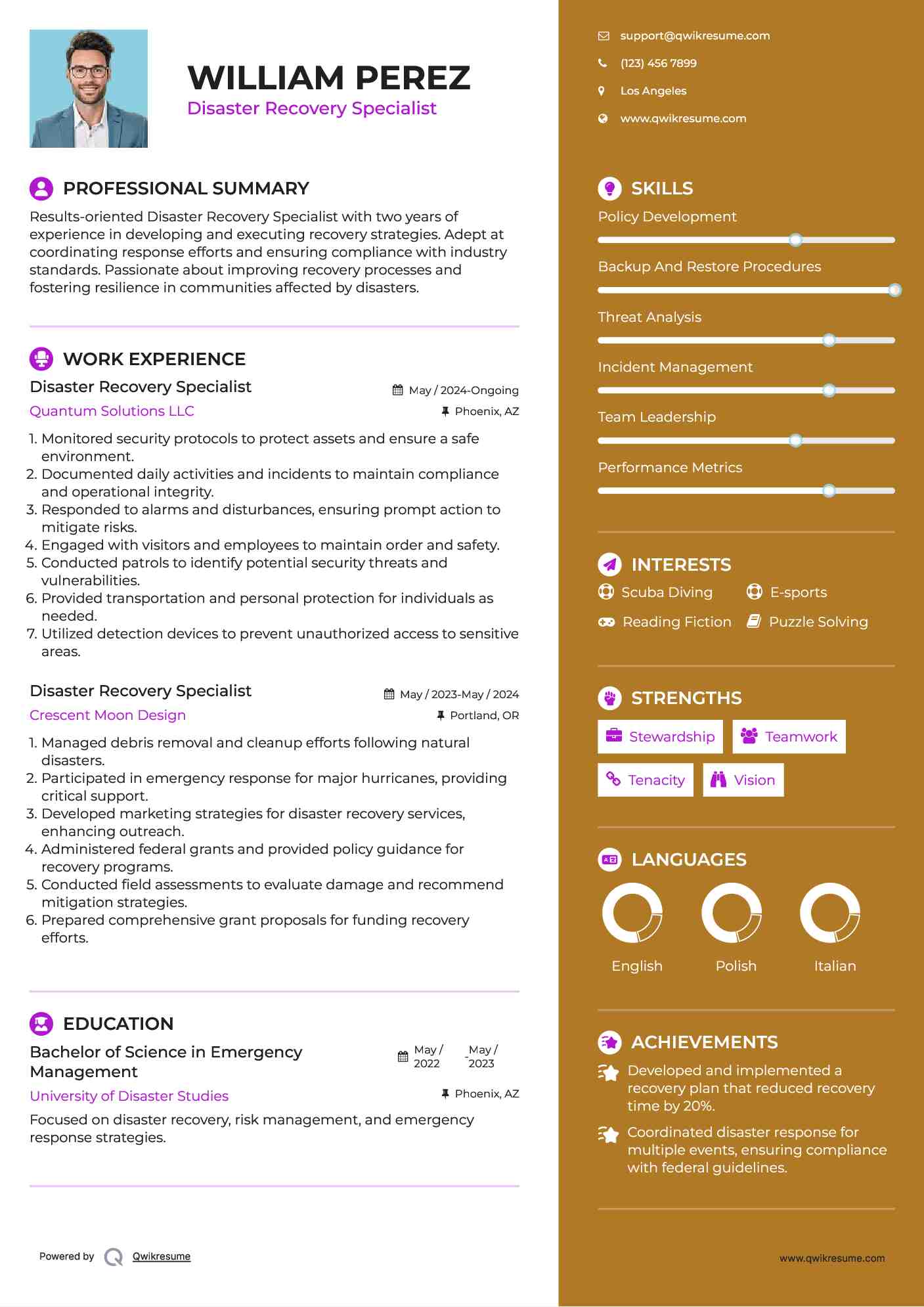 Disaster Recovery Specialist Resume Format