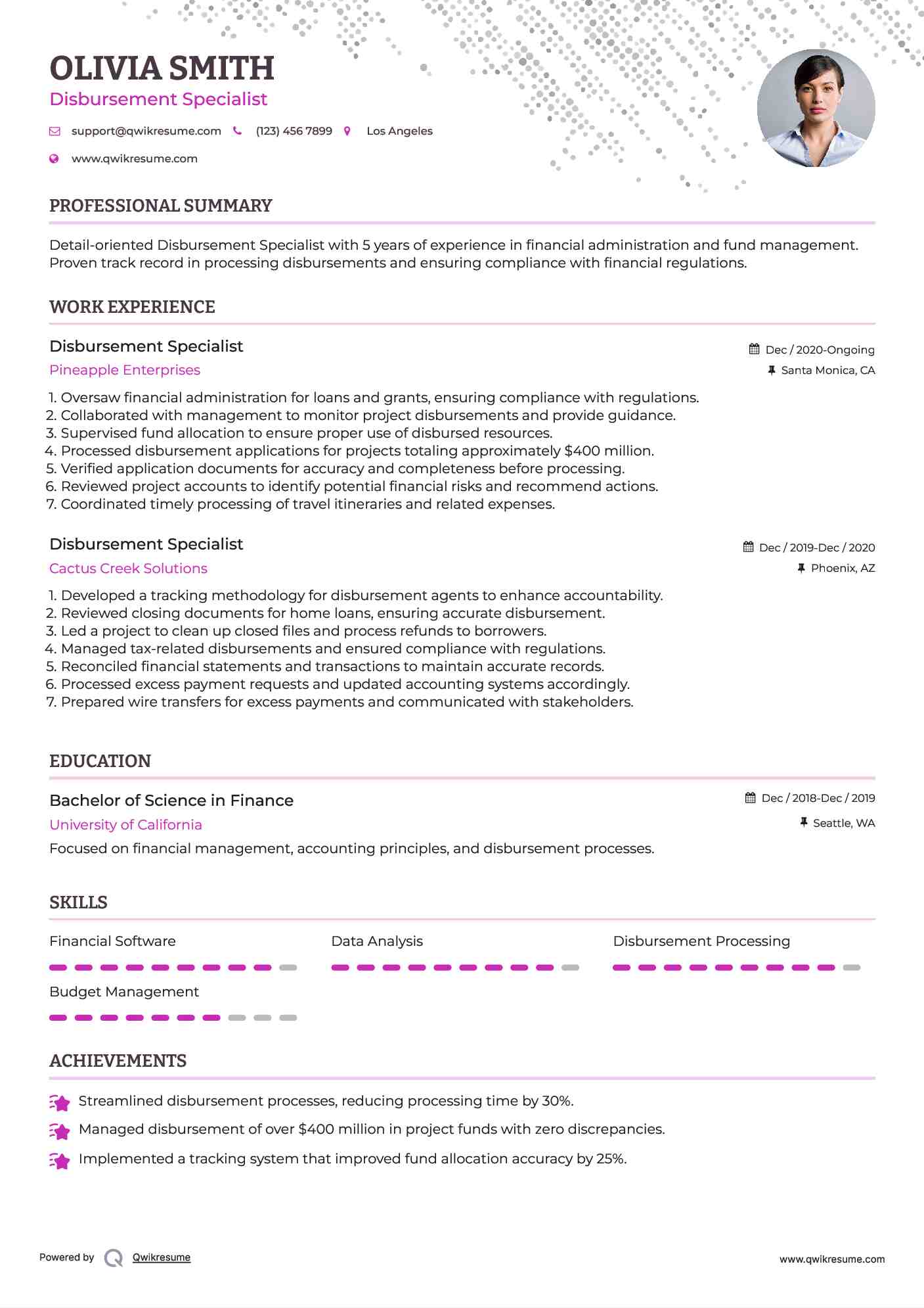 Disbursement Specialist Resume Example