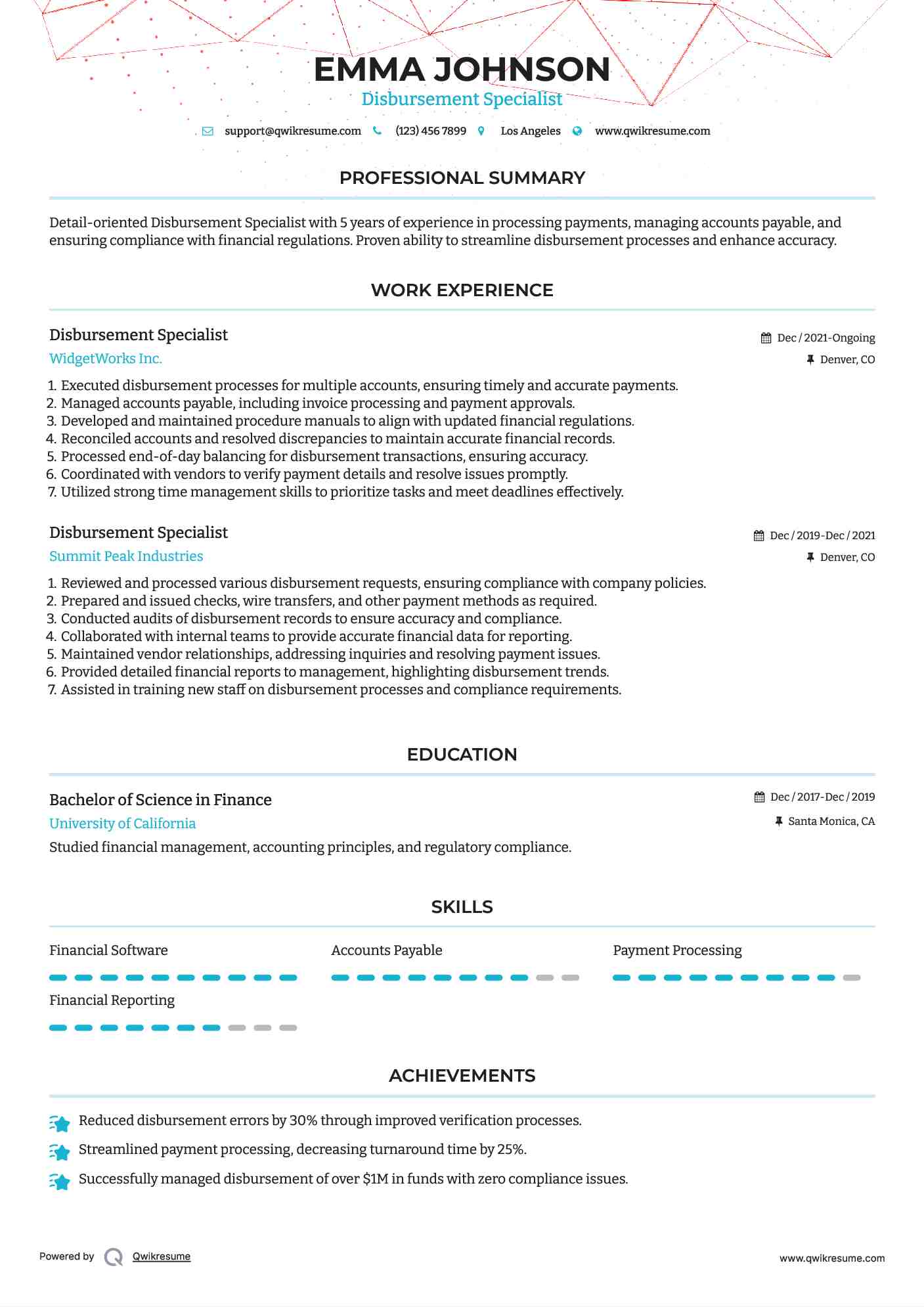 Disbursement Specialist Resume Model