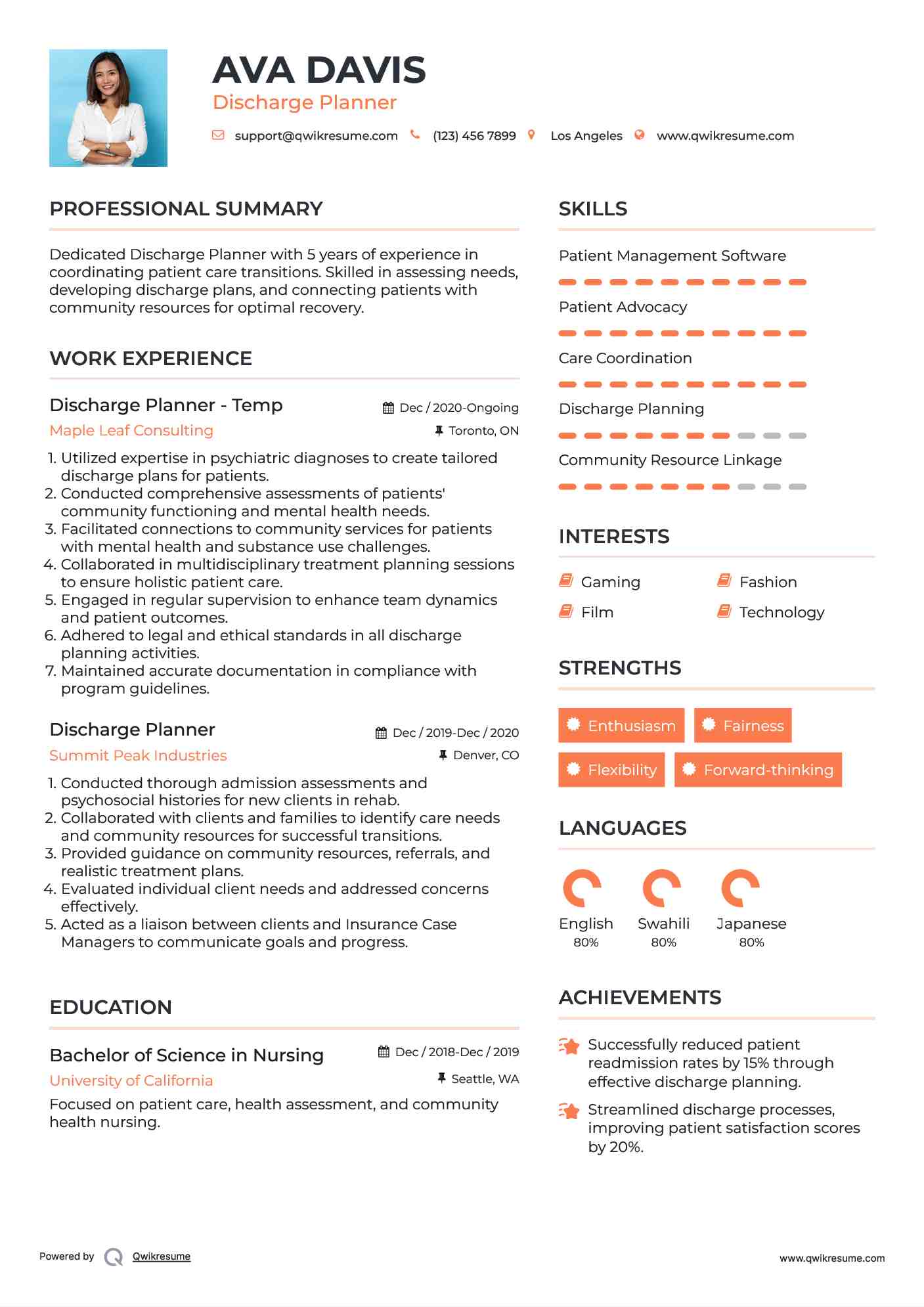 Discharge Planner - Temp Resume Format