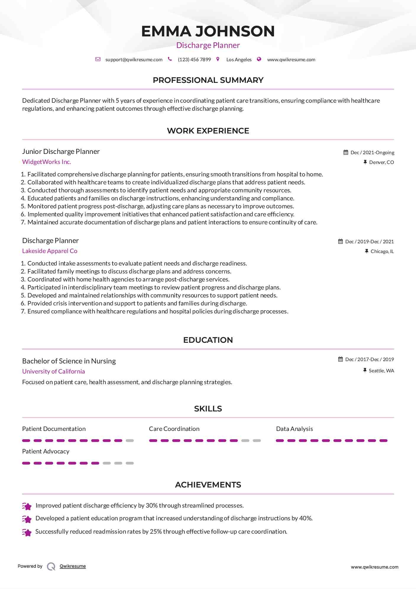 Junior Discharge Planner Resume Example