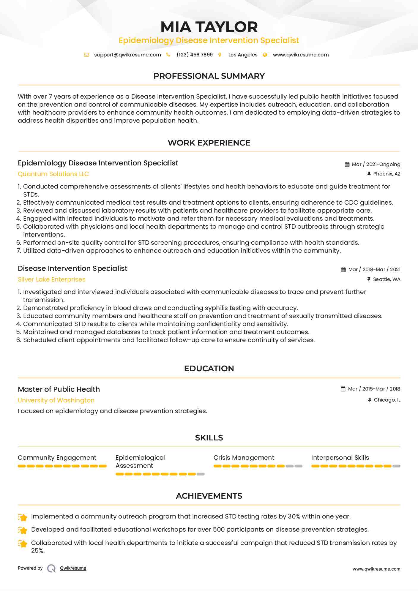 Epidemiology Disease Intervention Specialist Resume Sample