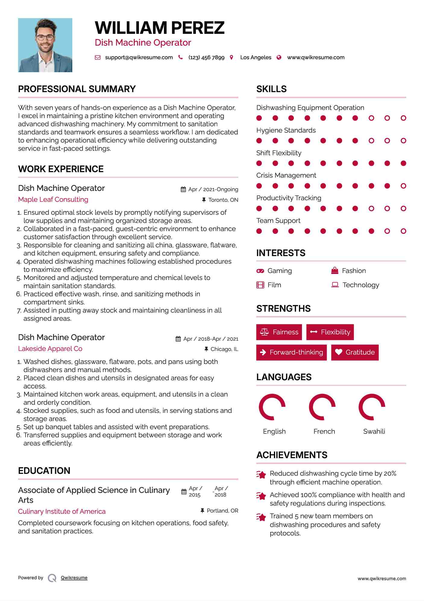 Dish Machine Operator Resume Example