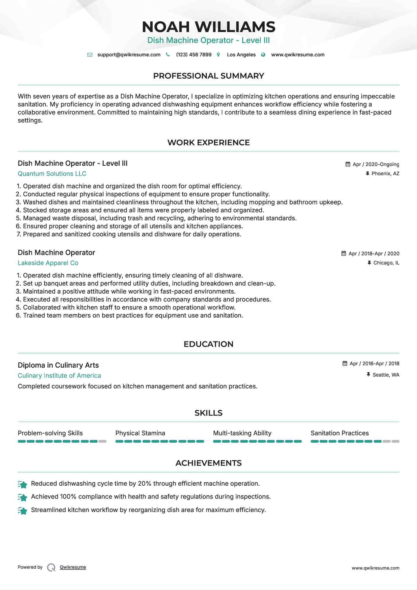 Dish Machine Operator - Level III Resume Example