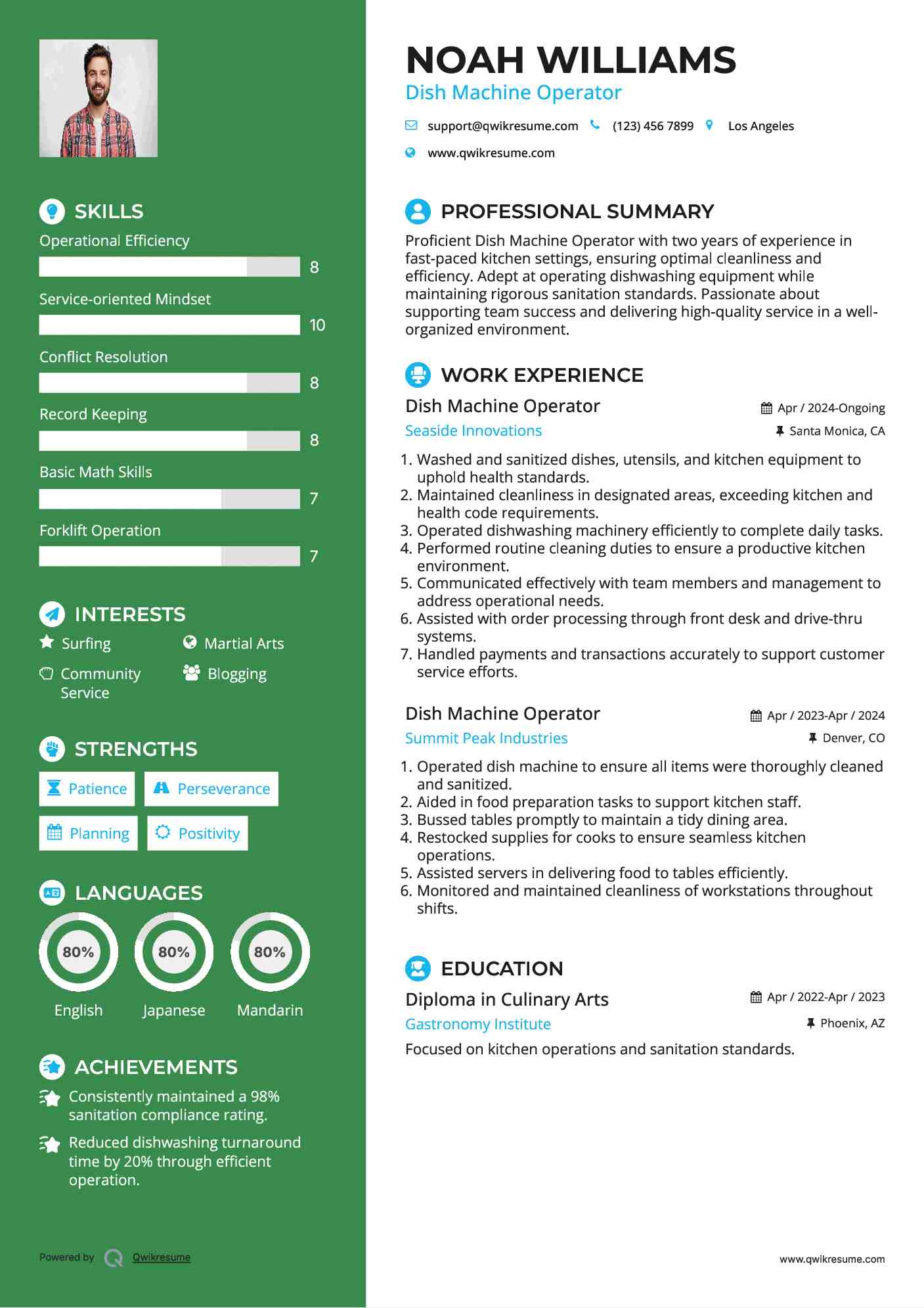 Dish Machine Operator Resume Sample