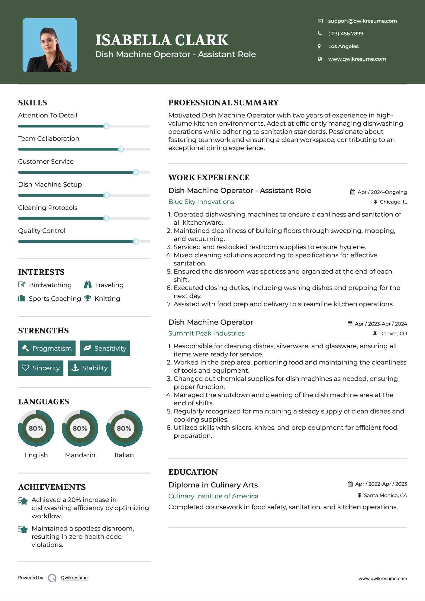 Dish Machine Operator - Assistant Role Resume Template