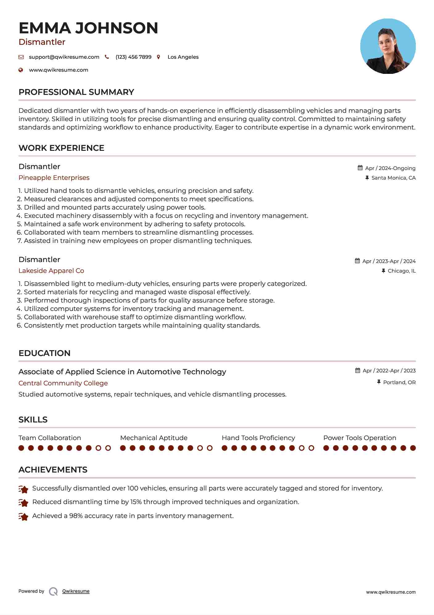 Dismantler Resume Format