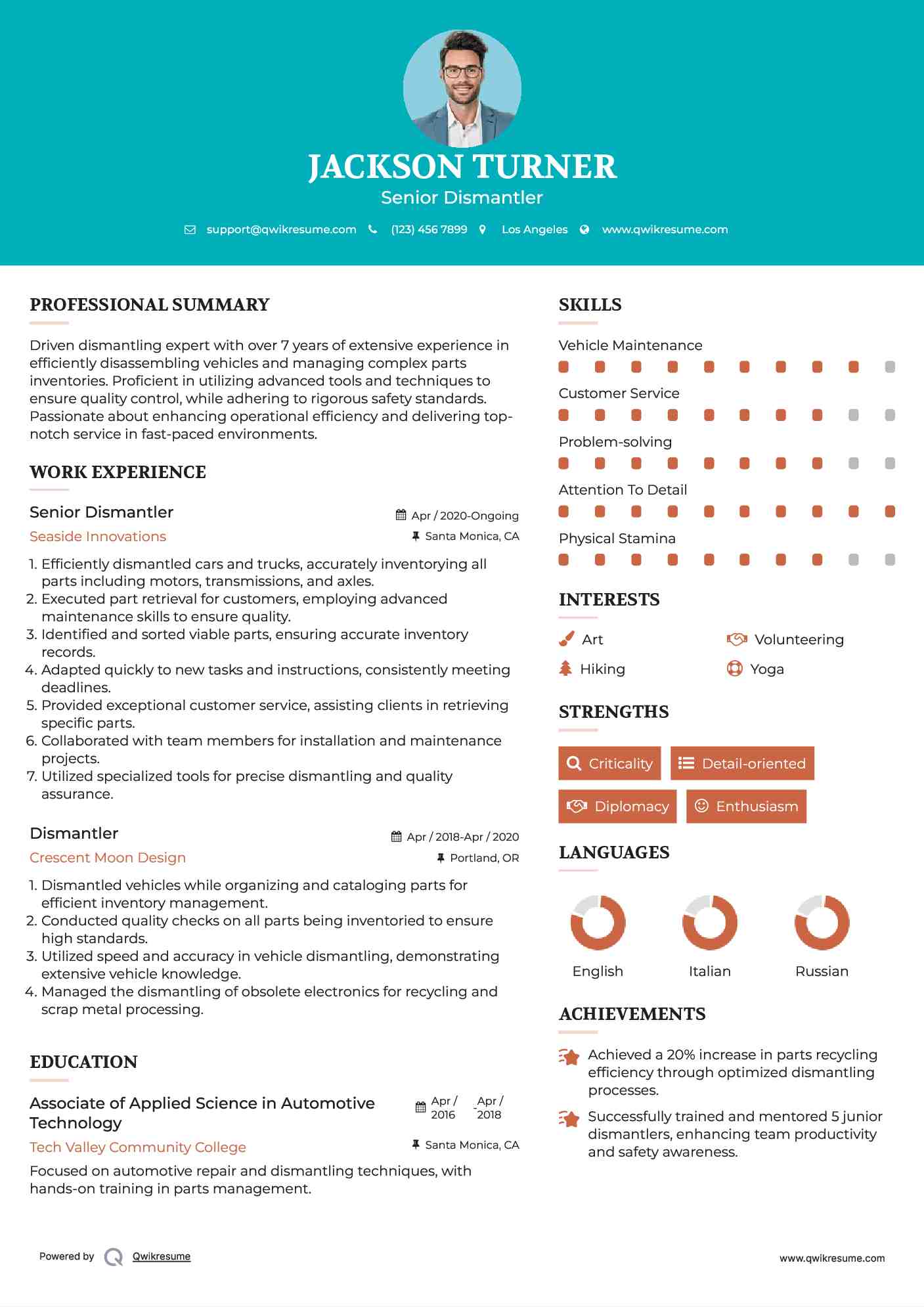 Senior Dismantler Resume Model