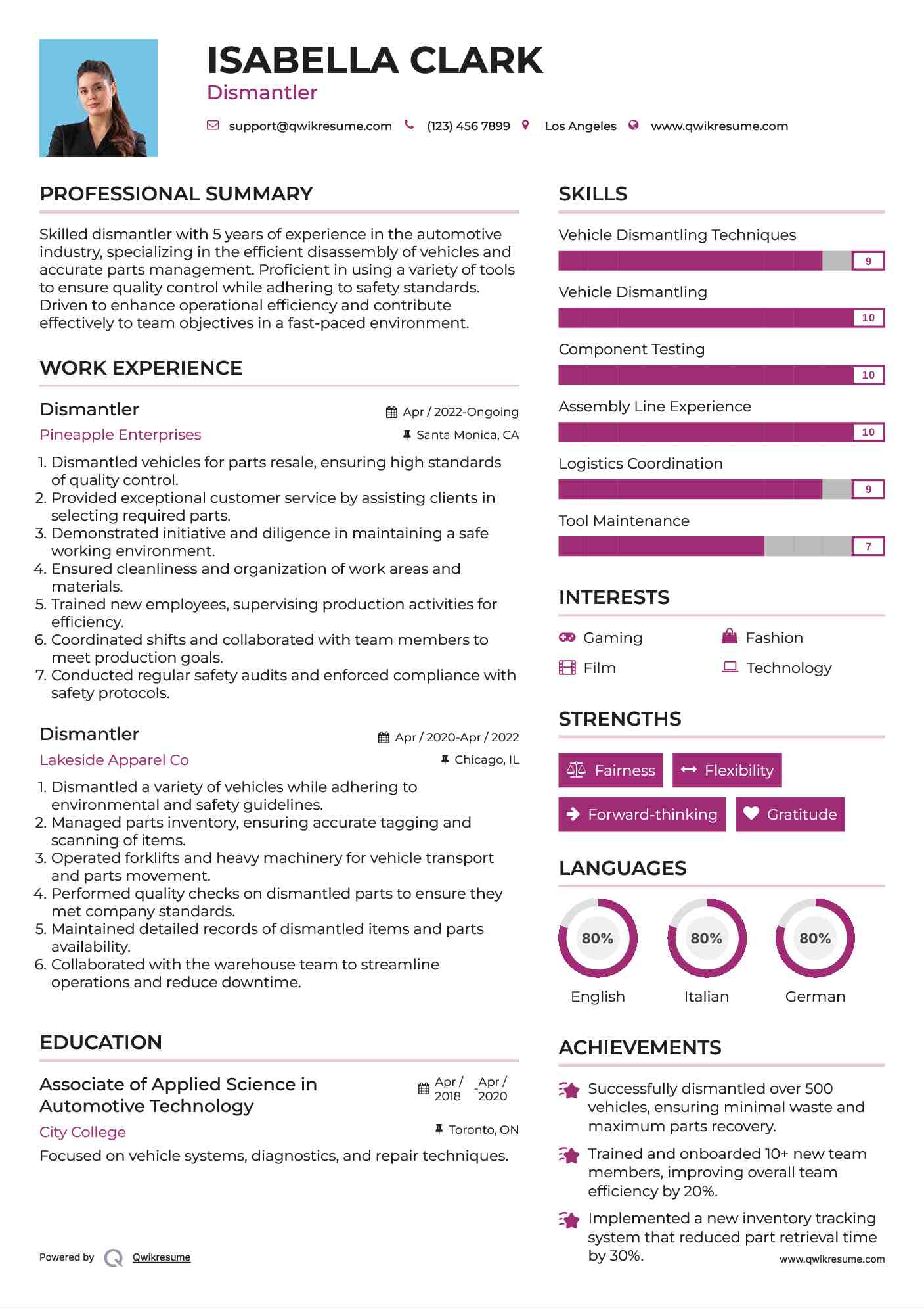 Dismantler Resume Example