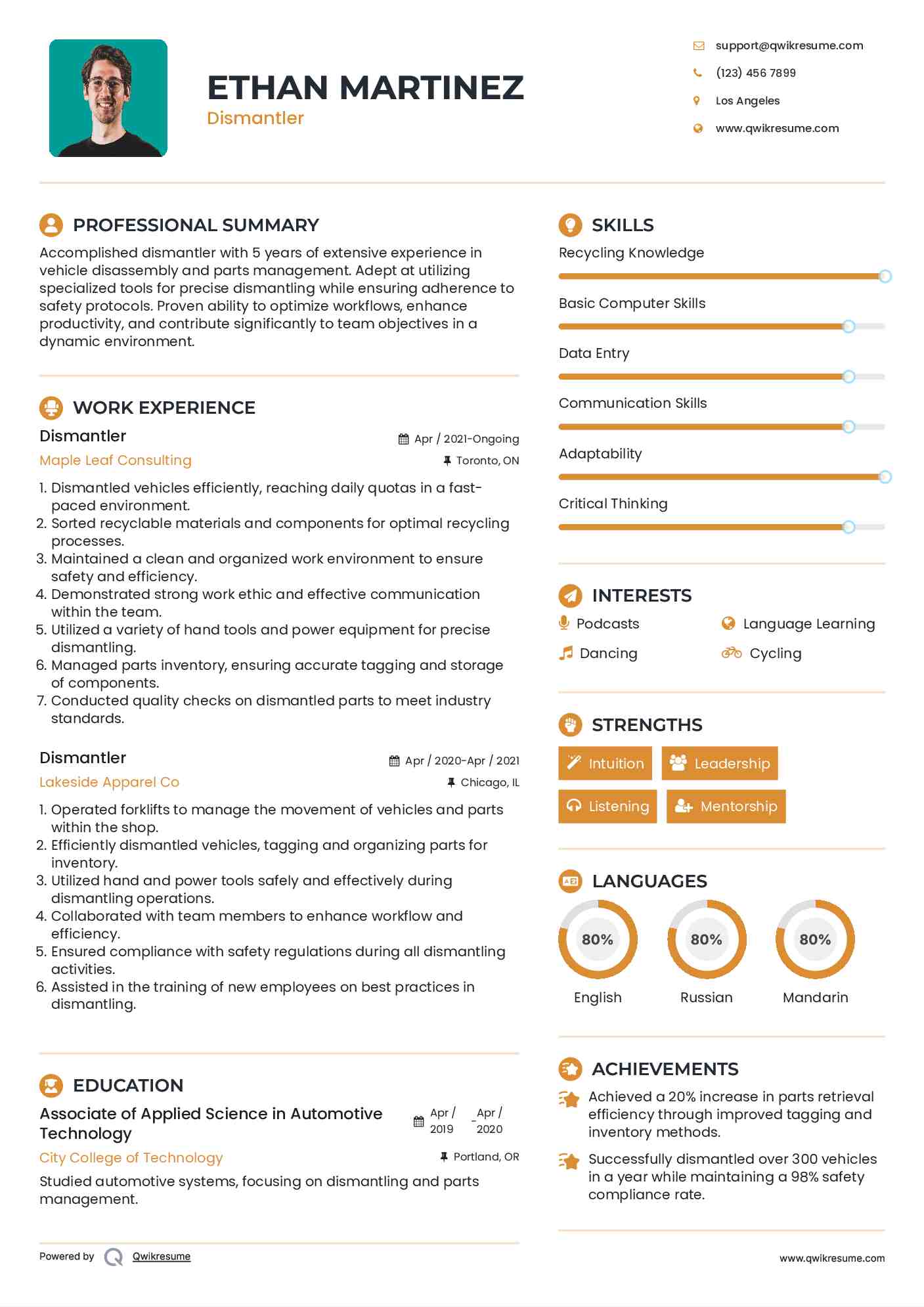 Dismantler Resume Template