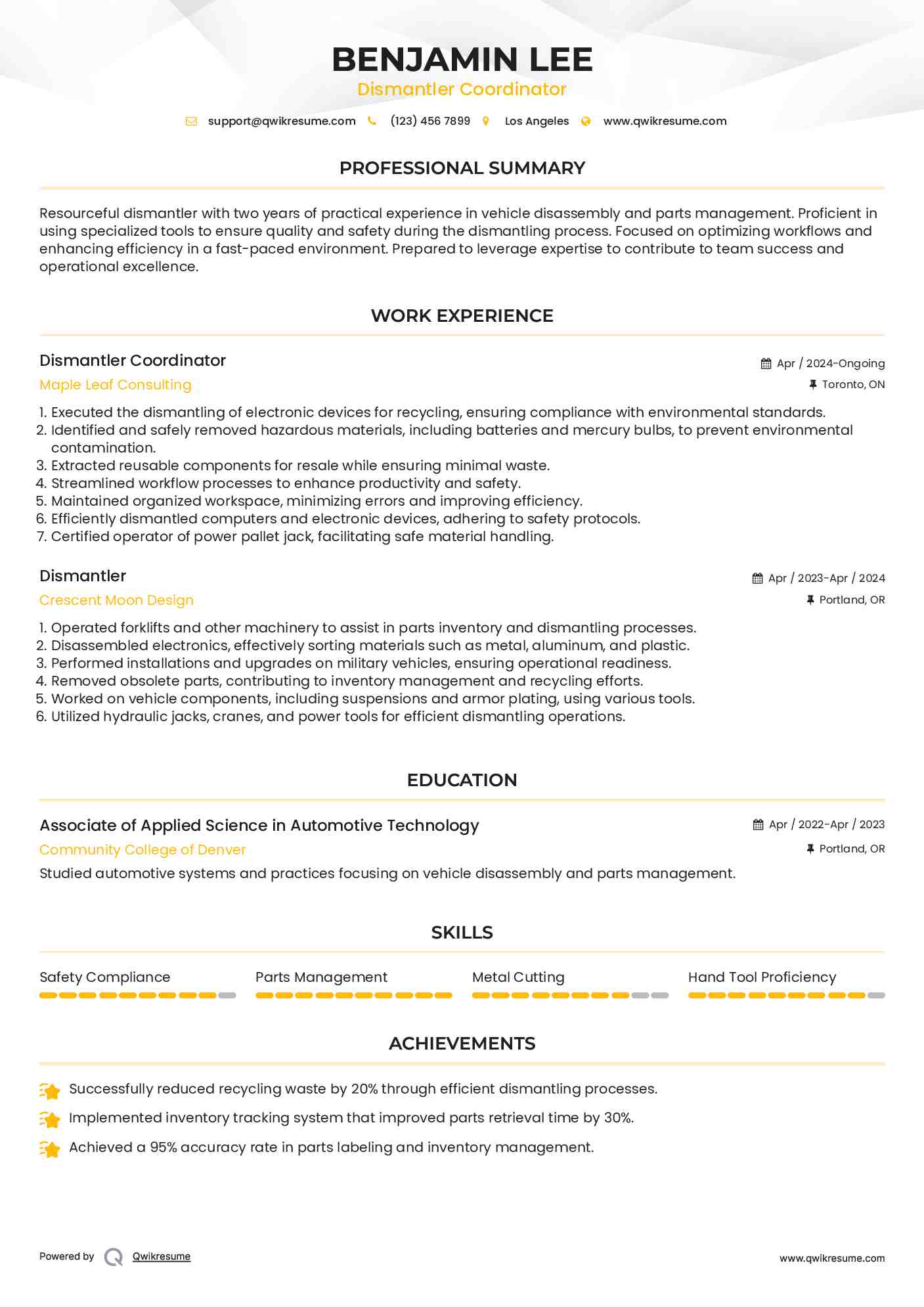 Dismantler Coordinator Resume Format