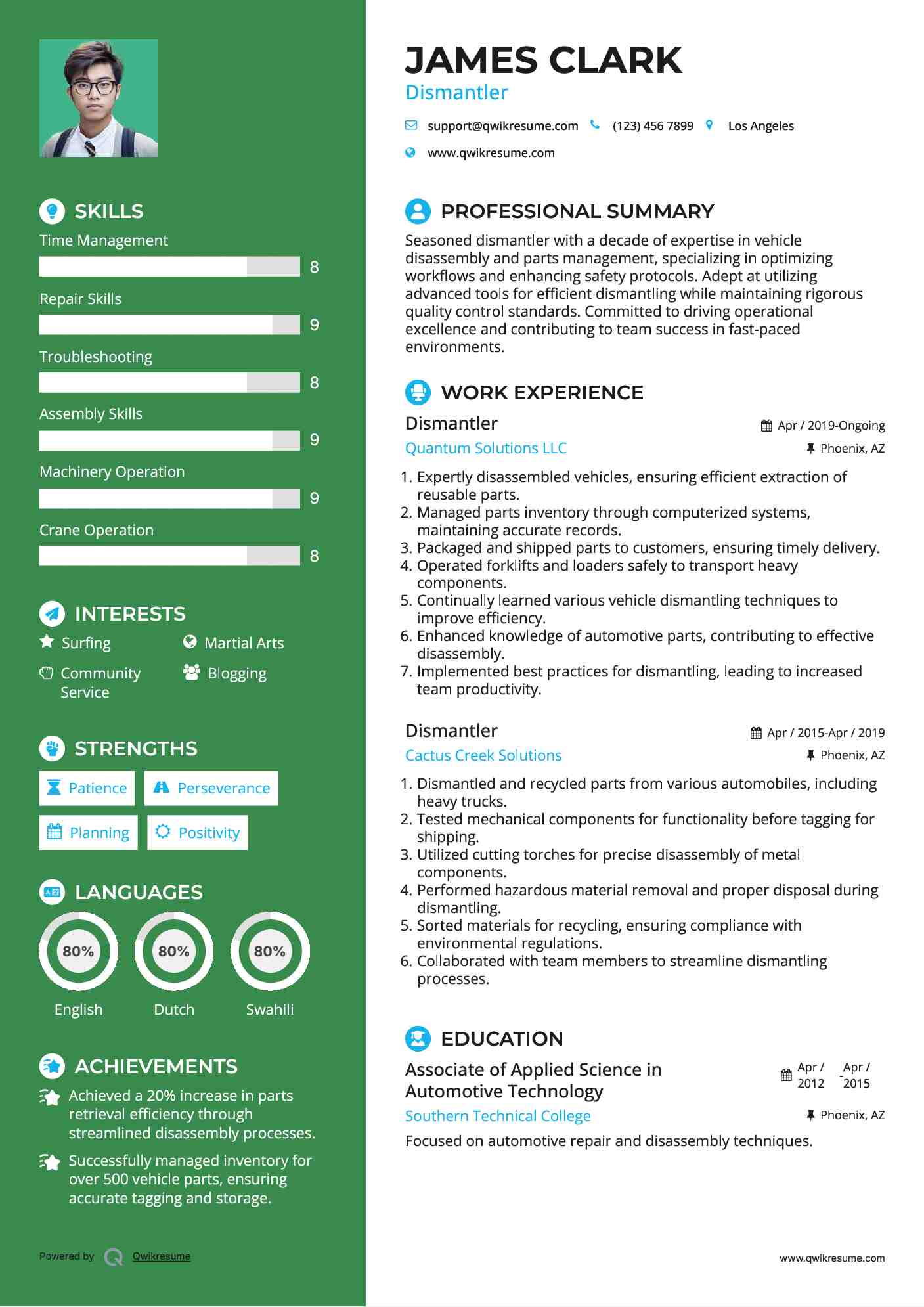 Dismantler Resume Example