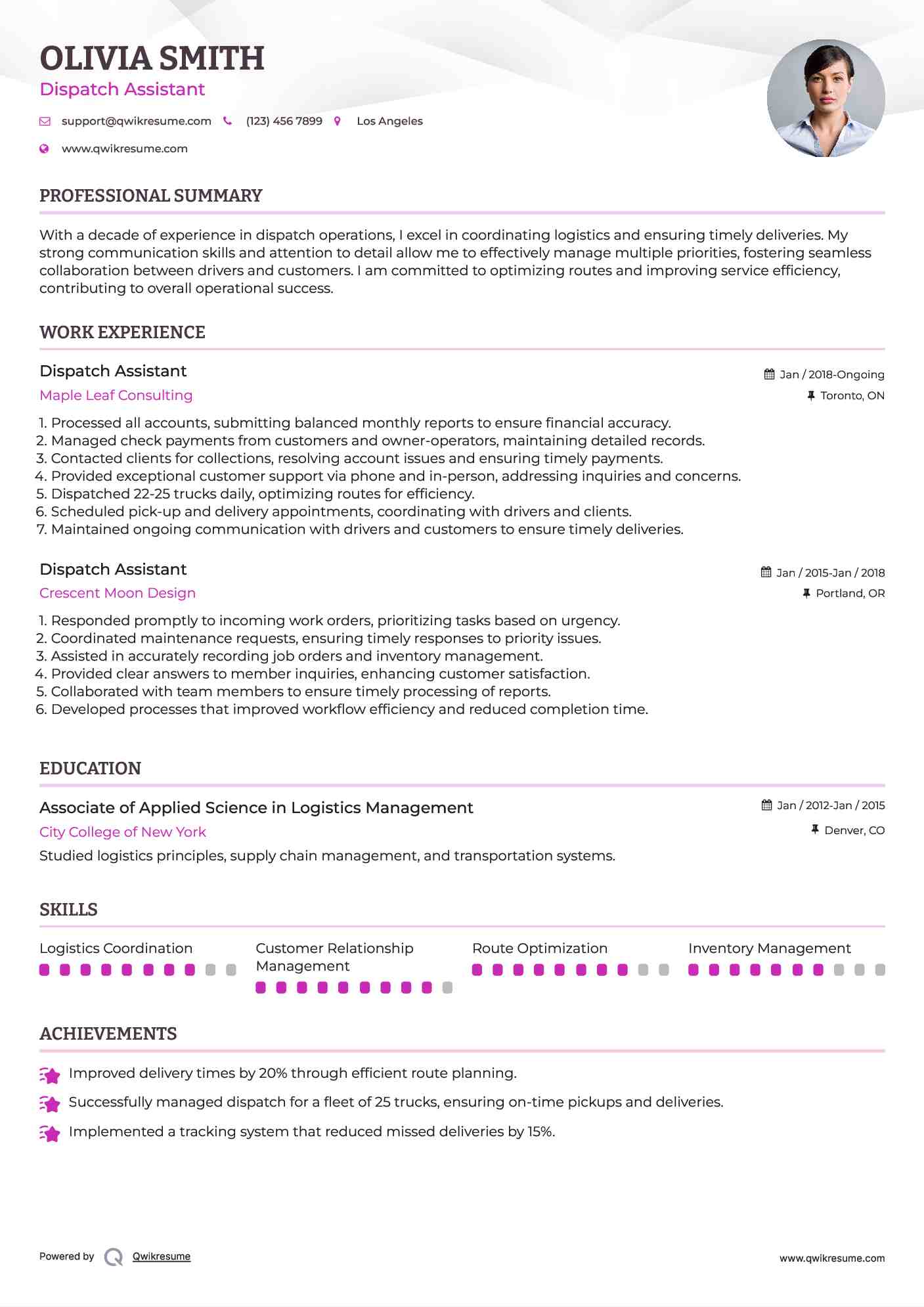 Dispatch Assistant Resume Example