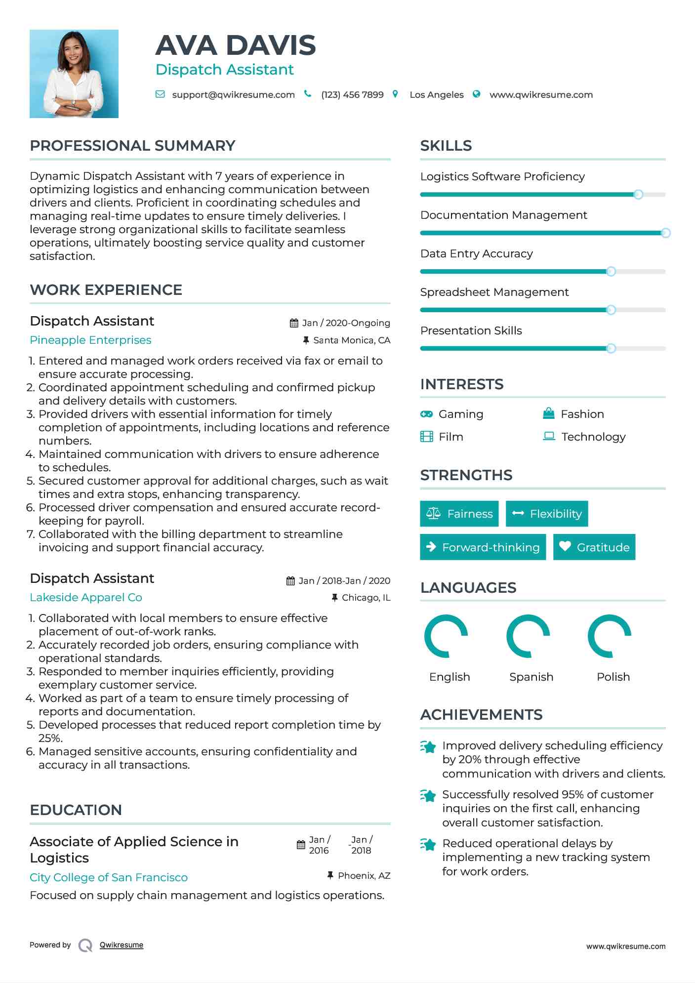 Dispatch Assistant Resume Example