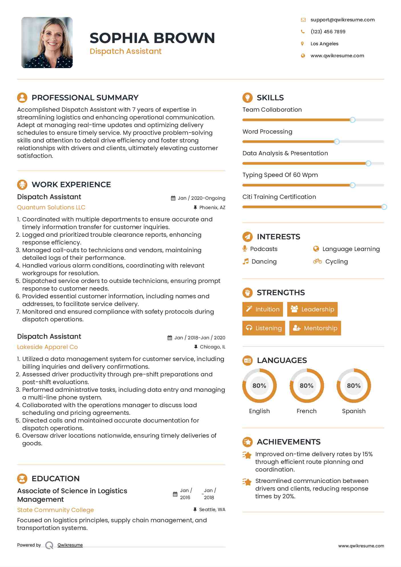 Dispatch Assistant Resume Template