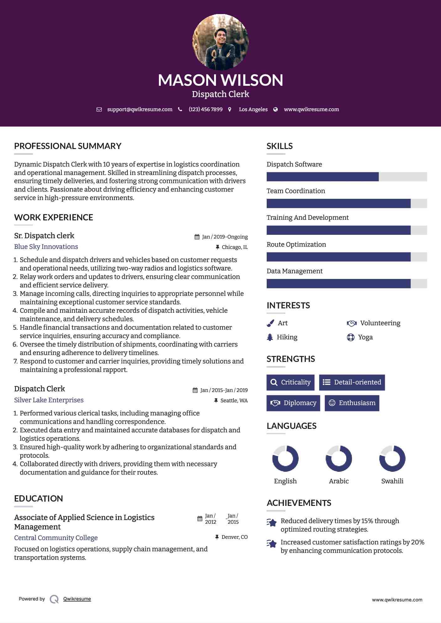 Sr. Dispatch clerk Resume Format