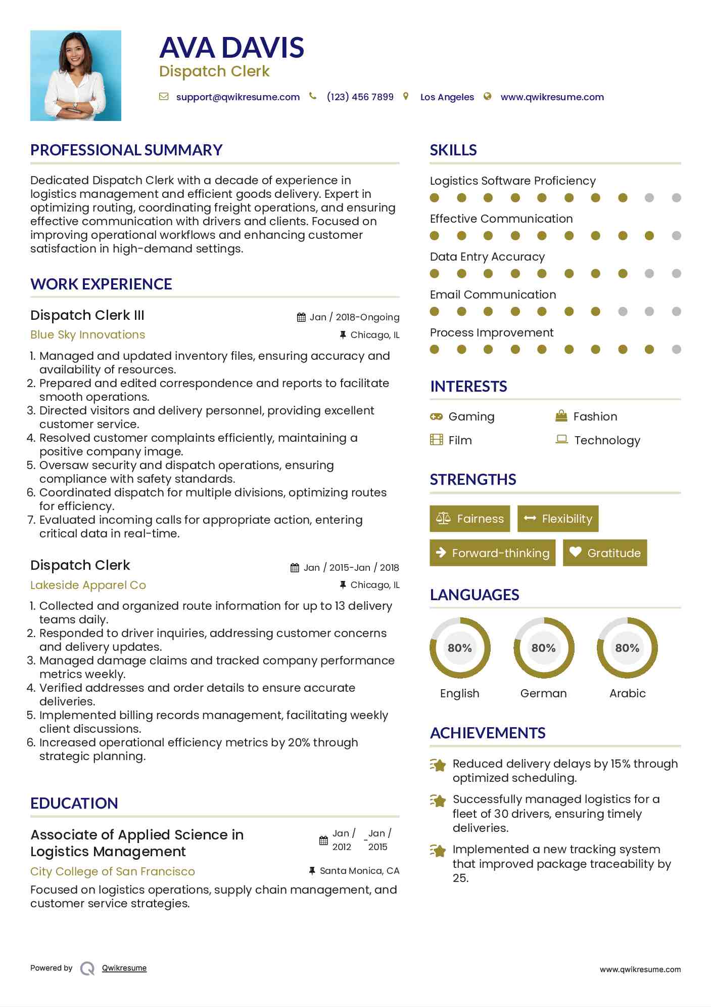 Dispatch Clerk III Resume Sample