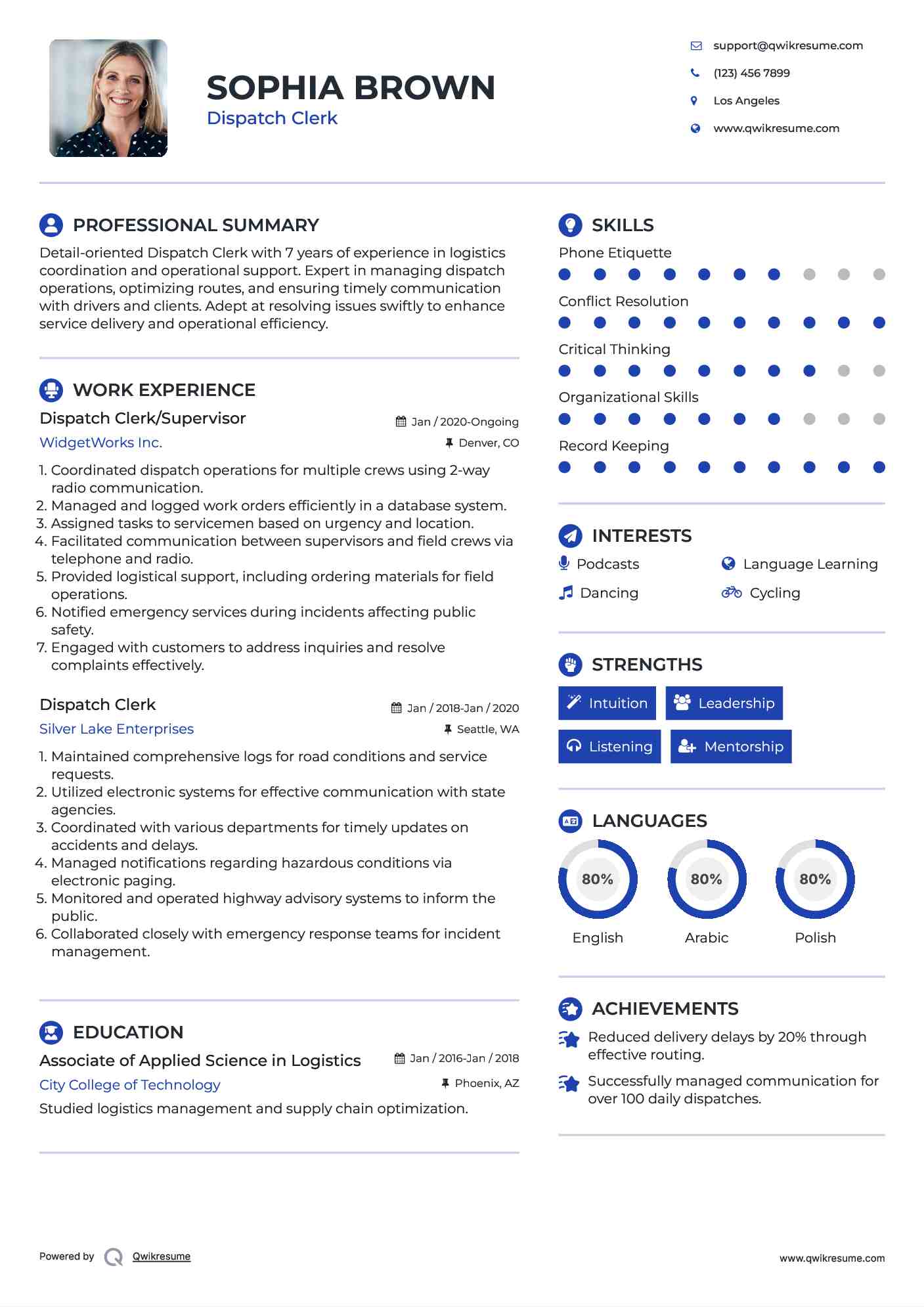 Dispatch Clerk/Supervisor Resume Sample